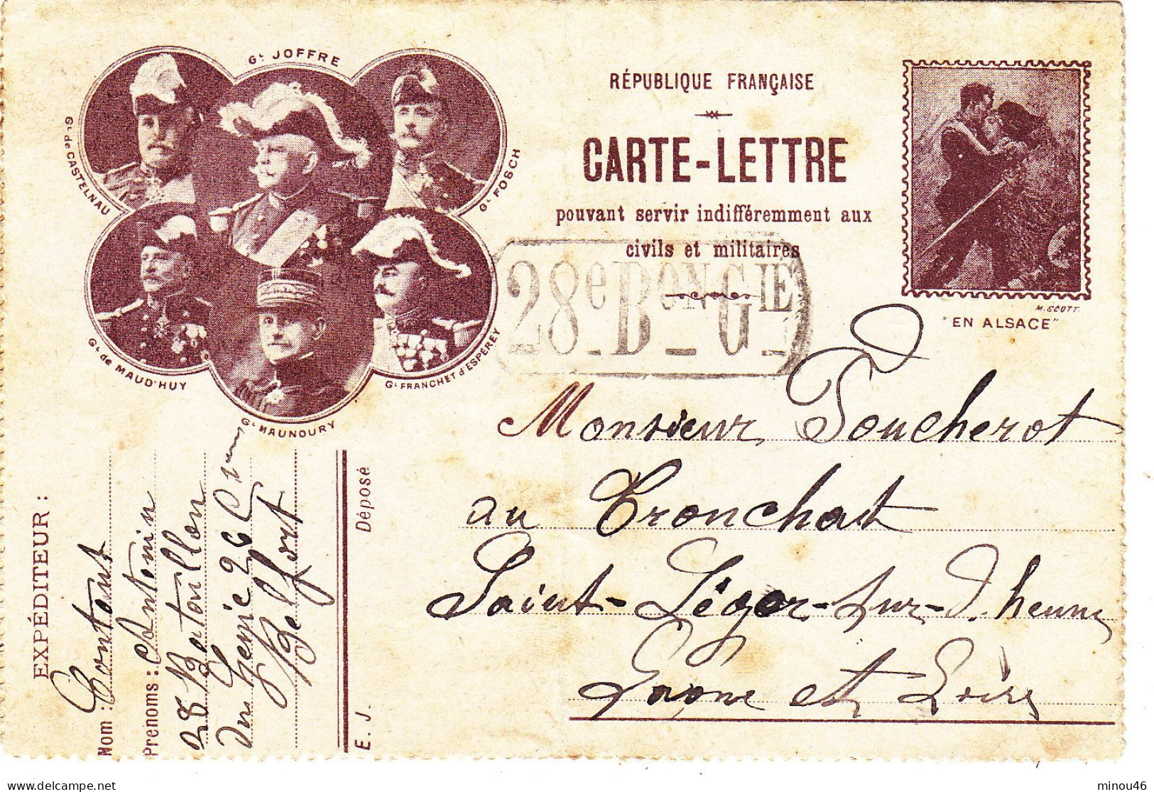 TRES TRES RARE CARTE LETTRE 2 PARTIES. DE 1915.COMPLETE." LES GENERAUX " DU 28 E.BATAILLON DU GENIE A BELFORT. - Cartas & Documentos