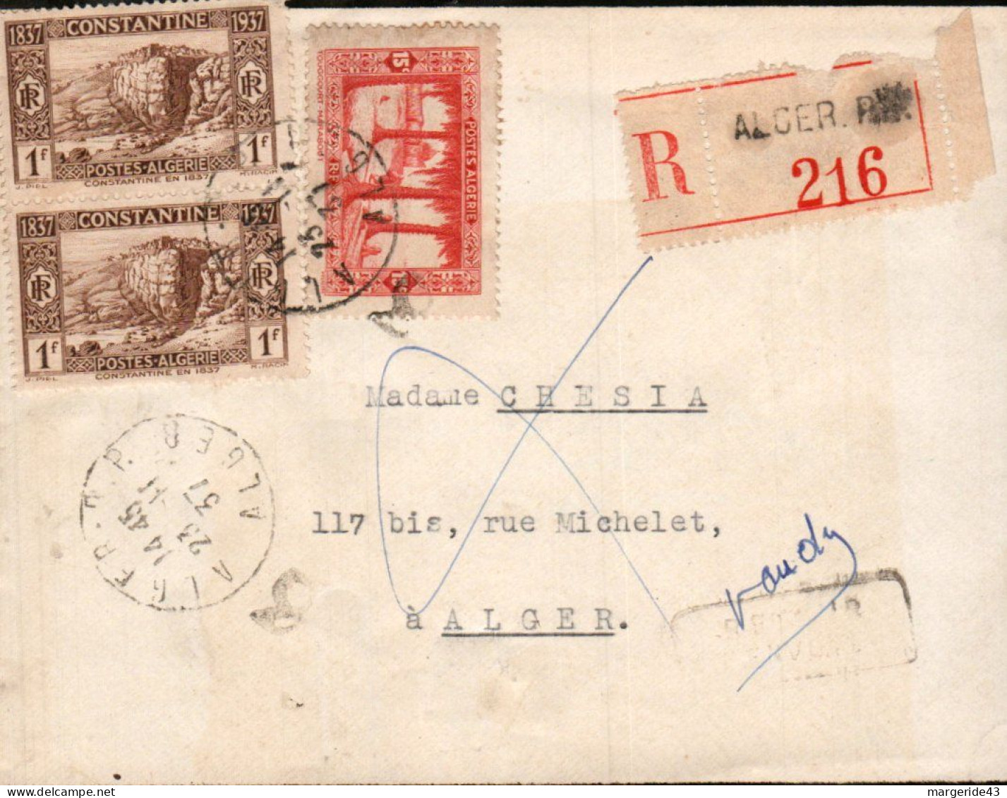 ALGERIE AFFRANCHISSEMENT COMPOSE SUR LETTRE RECOMMANDEE POUR LA FRANCE 1937 - Covers & Documents