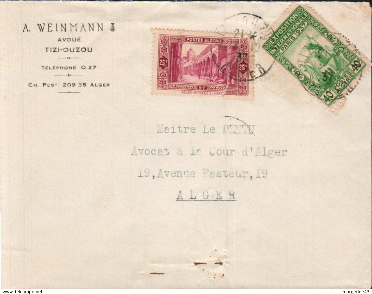 ALGERIE AFFRANCHISSEMENT COMPOSE SUR LETTRE A EN TETE POUR LA FRANCE 1937 - Lettres & Documents