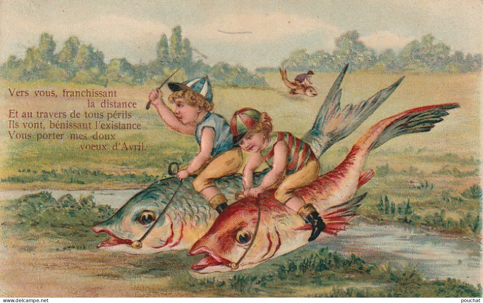 OP Nw36- COUPLE DE CAVALIERS , JOCKEYS CHEVAUCHANT DES POISSONS ET SAUTANT LA RIVIERE- CARTE GAUFREE - April Fool's Day