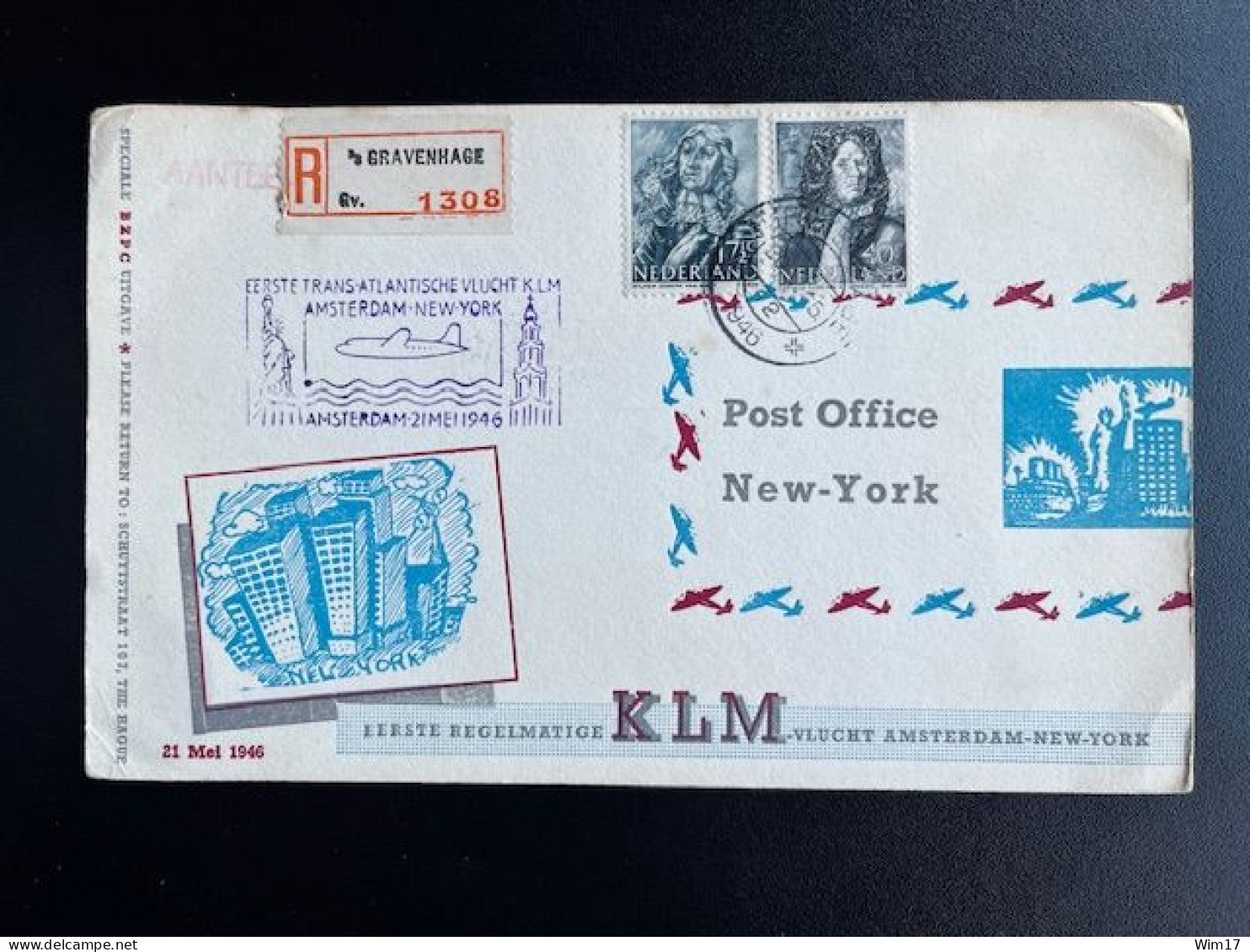 NETHERLANDS 1946 REGISTERED POSTCARD 'S GRAVENHAGE TO NEW YORK 20-05-1946 NEDERLAND FIRST FLIGHT - Cartas & Documentos