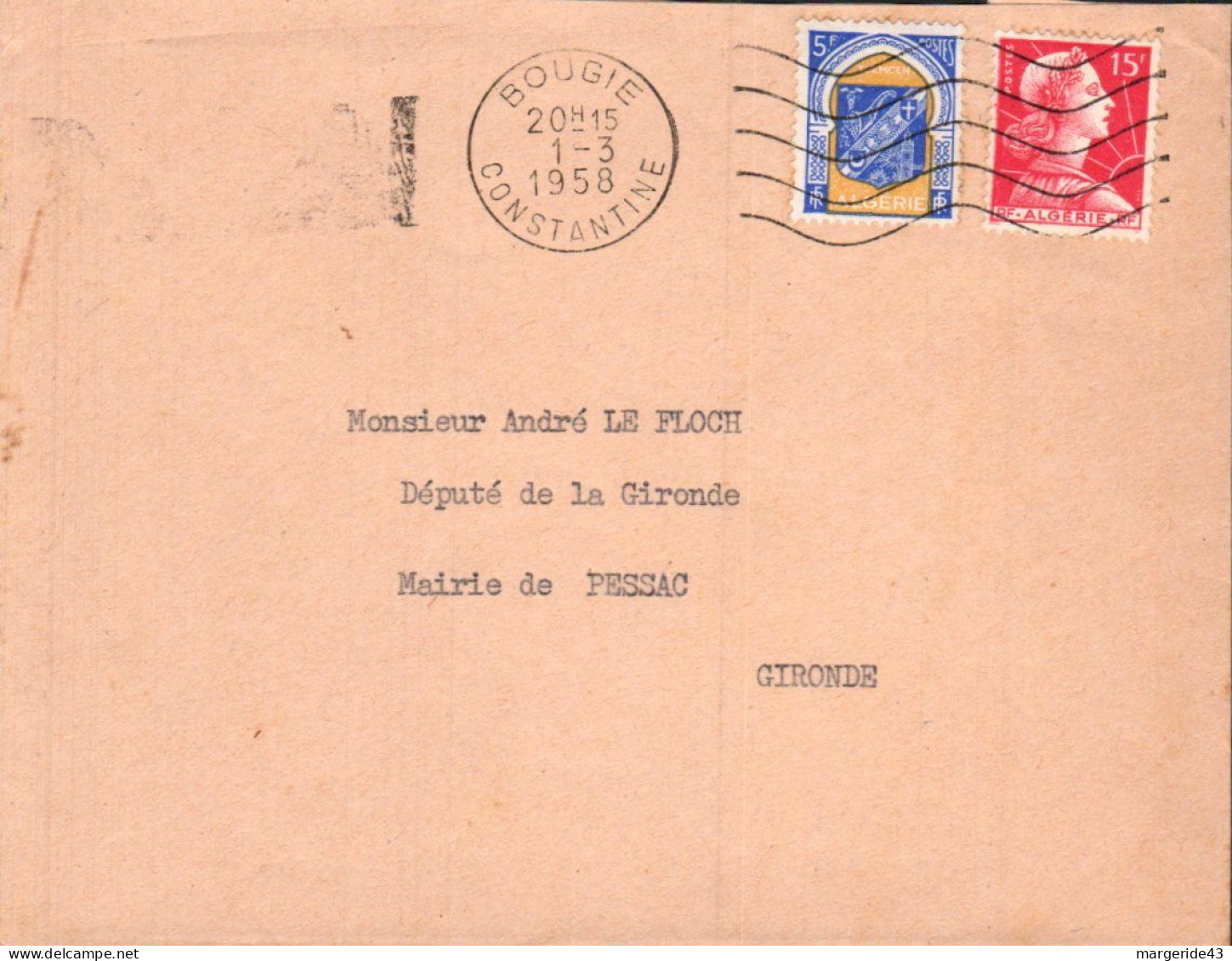 ALGERIE AFFRANCHISSEMENT COMPOSE SUR LETTRE DE BOUGIE POUR LA FRANCE 1958 - Cartas & Documentos