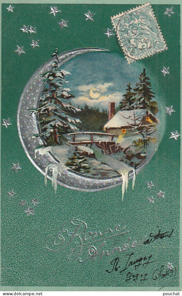 OP Nw38- " BONNE ANNEE " - CARTE FANTAISIE GAUFREE - PAYSAGE ENNEIGE AVEC CLAIR DE LUNE ET ETOILES AREGENTEES - Nouvel An