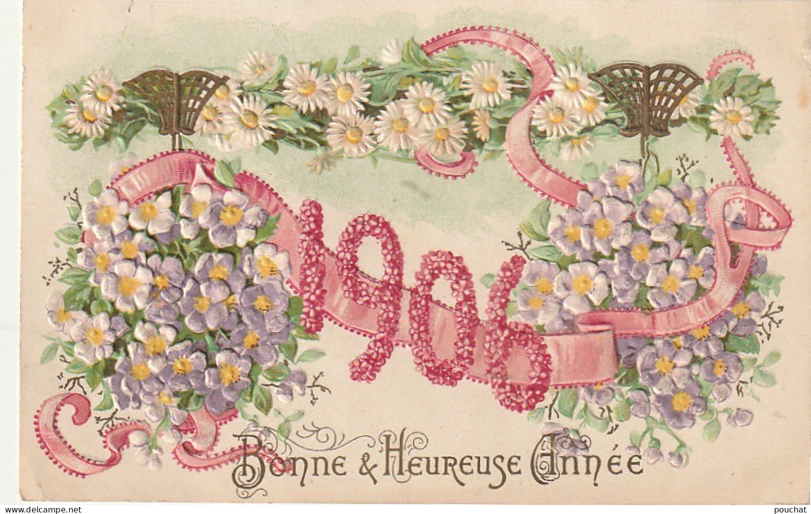 OP Nw38- " BONNE  ET HEUREUSE ANNEE 1906 " - CARTE FANTAISIE GAUFREE - DECOR FLORAL - Nouvel An