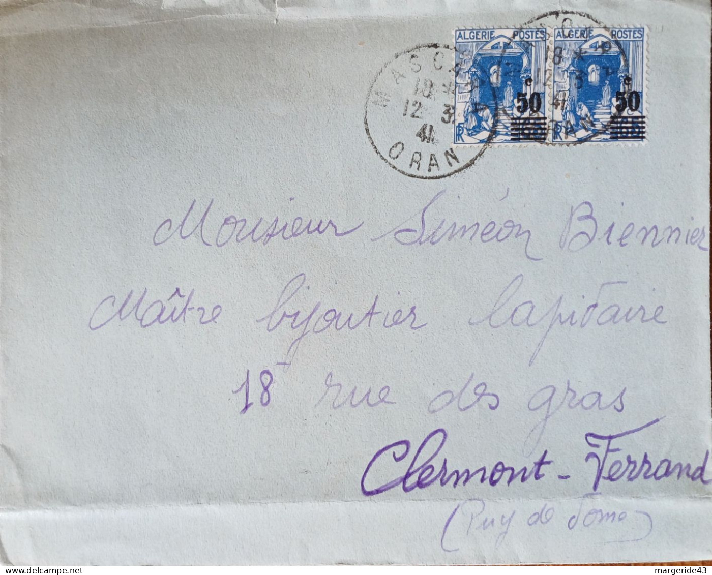 ALGERIE AFFRANCHISSEMENT COMPOSE SUR LETTRE DE MASCARA POUR LA FRANCE 1941 - Lettres & Documents