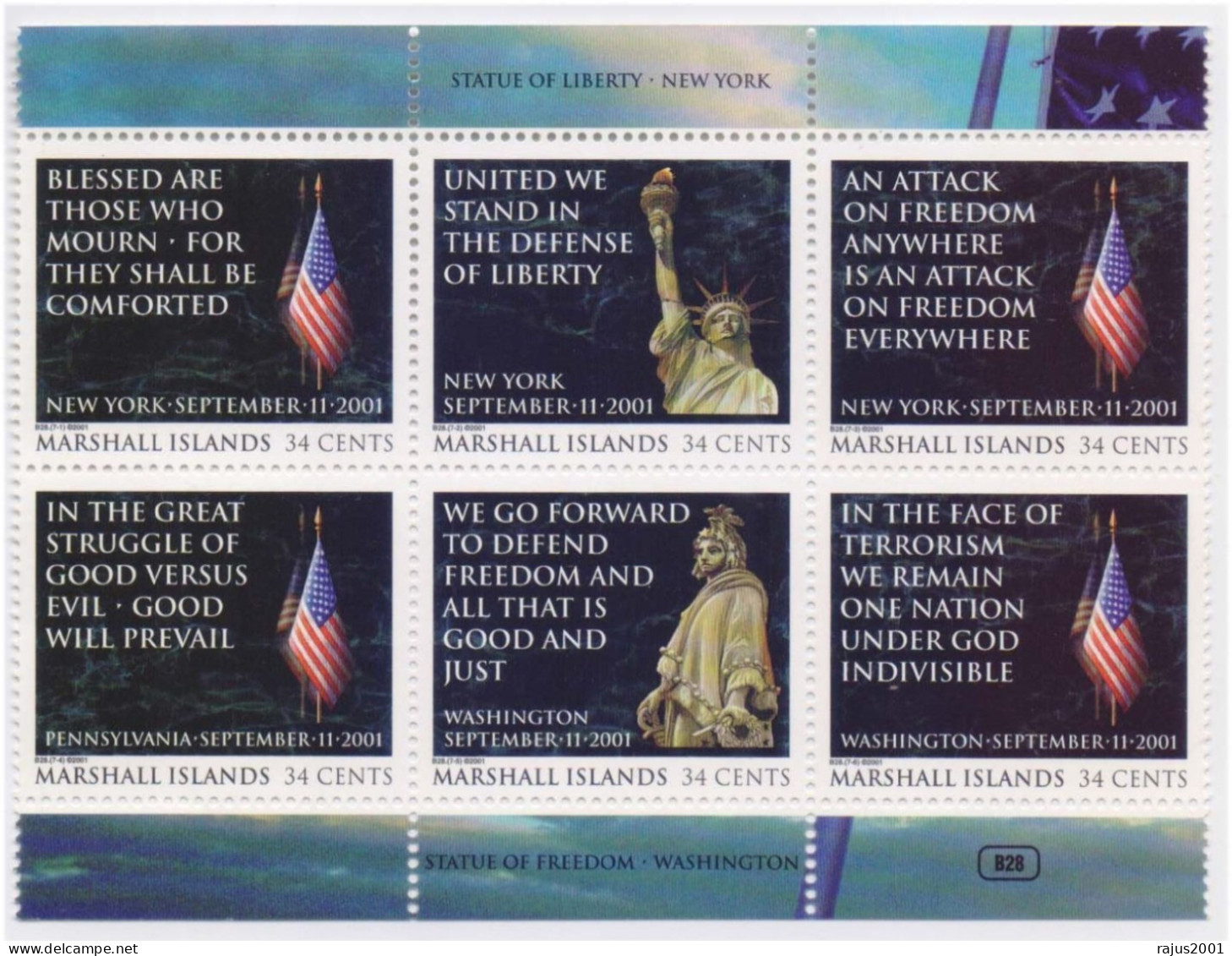 Remember 9-11, Suicide Terrorist Attacks, Attack On Twin Towers On 9/11, Terrorism, Statue Of Liberty, Flag Marshall MNH - Marshall