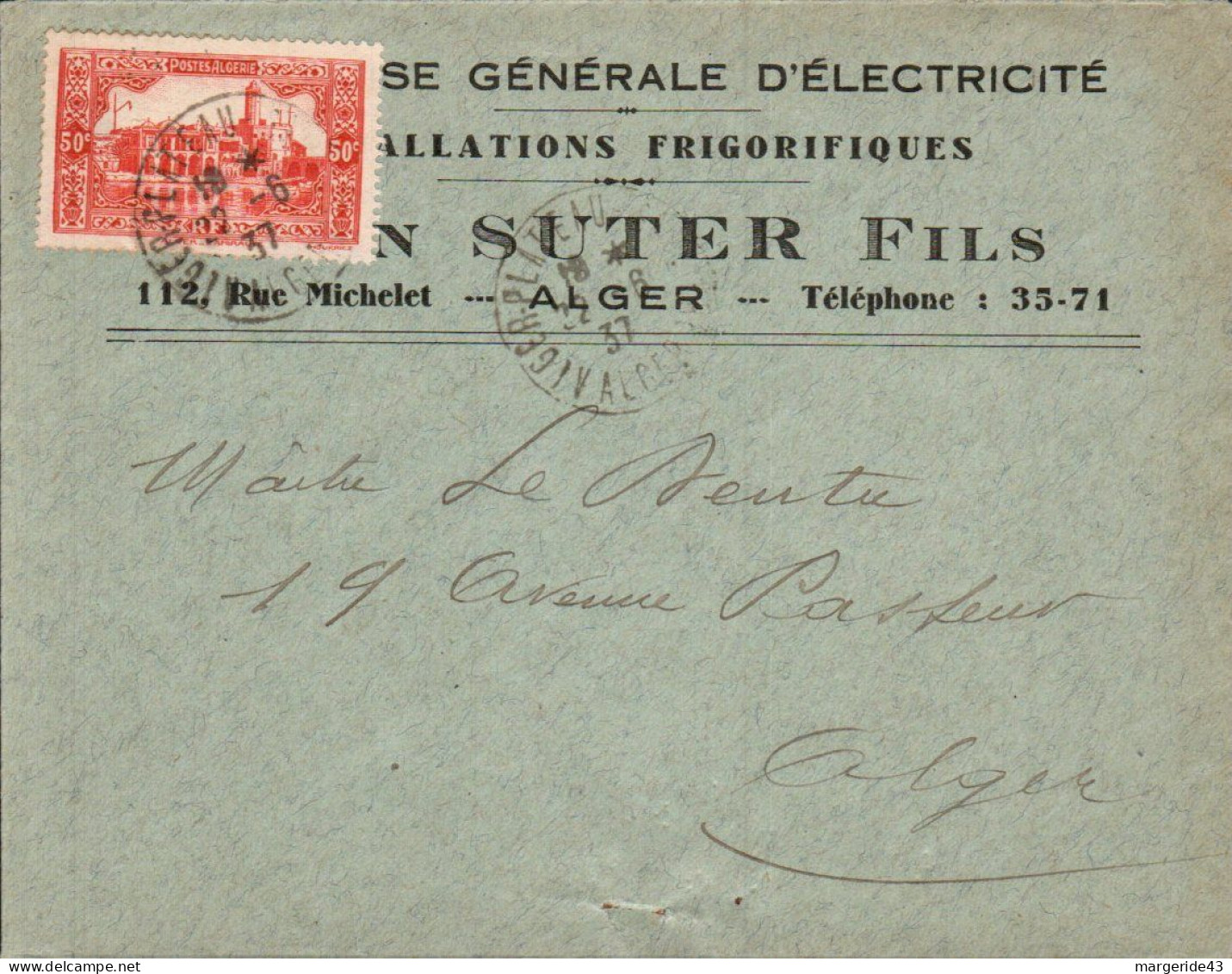 ALGERIE SEUL SUR LETTRE A EN TETE DE ALGER POUR LA FRANCE 1937 - Storia Postale