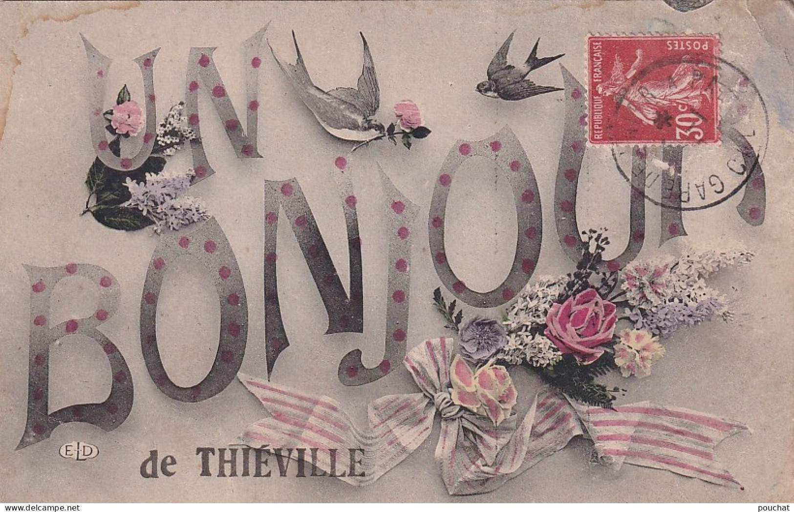 MO 30-(14) UN BONJOUR DE THIEVILLE - CARTE FANTAISIE COLORISEE - FLEURS ET HIRONDELLES - Other & Unclassified