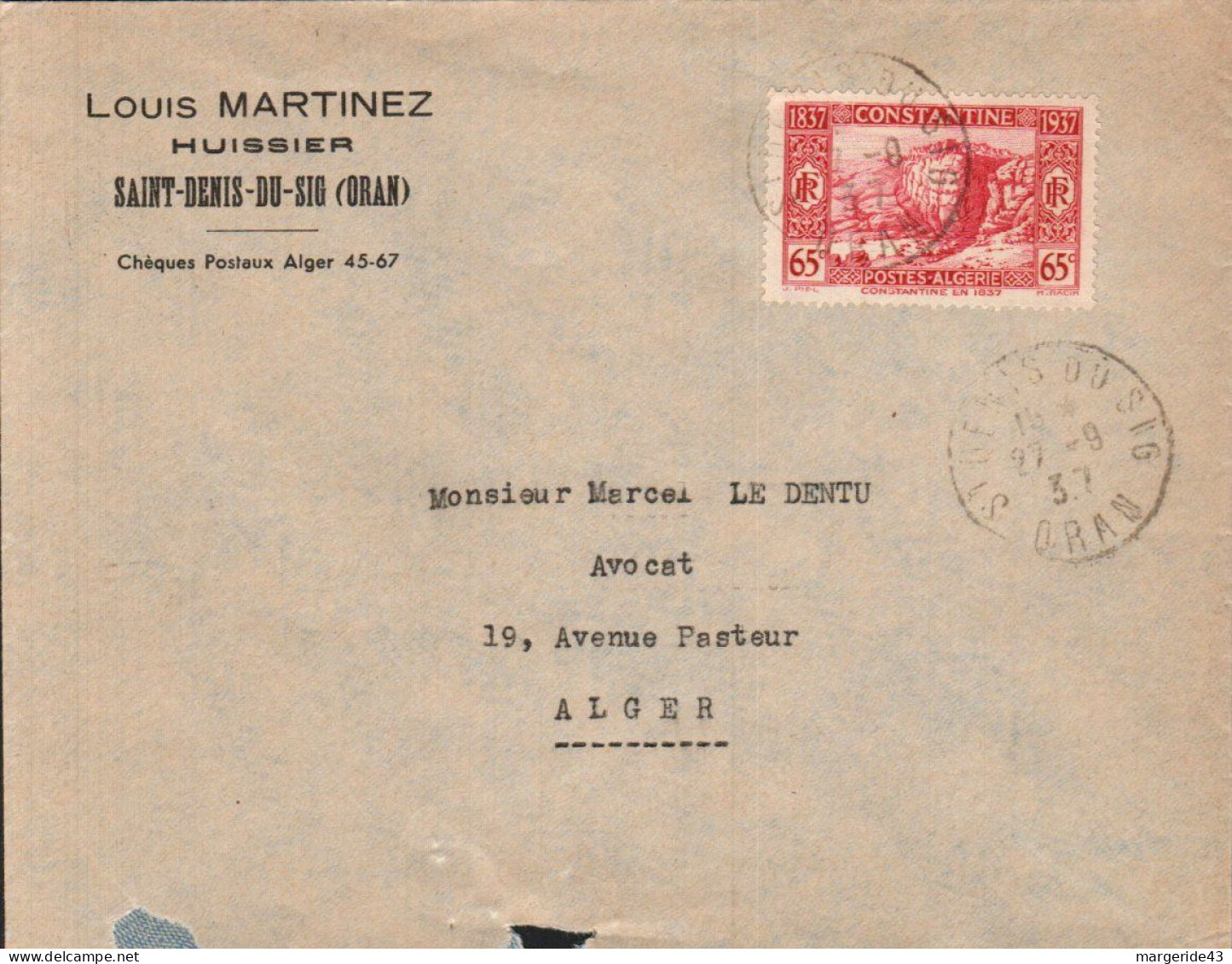 ALGERIE SEUL SUR LETTRE A EN TETE DE SAINT DENIS DU SIG POUR LA FRANCE 1937 - Cartas & Documentos