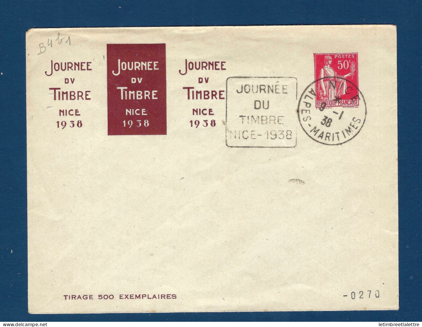 France - Entier Postal - Enveloppe B 4 B 1 - Journée Du Timbre Nice 1938 - Cartes Postales Types Et TSC (avant 1995)