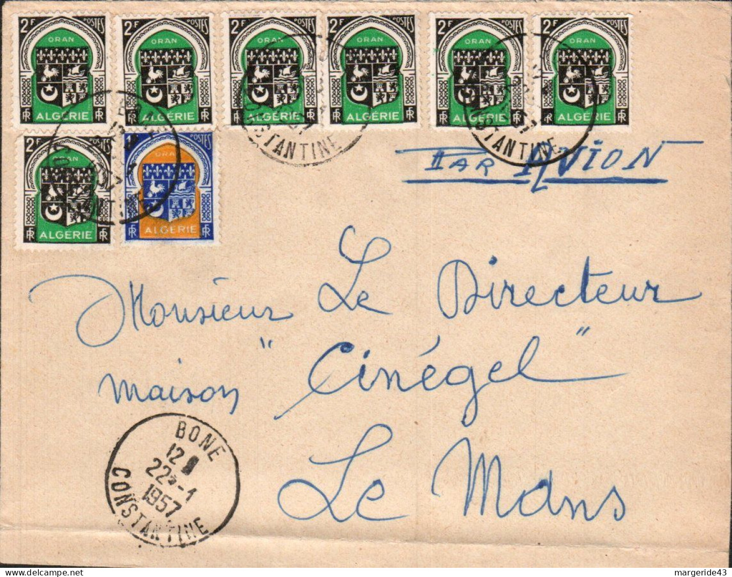 ALGERIE AFFRANCHISSEMENT COMPOSE SUR LETTRE DE BONE POUR LA FRANCE 1957 - Covers & Documents