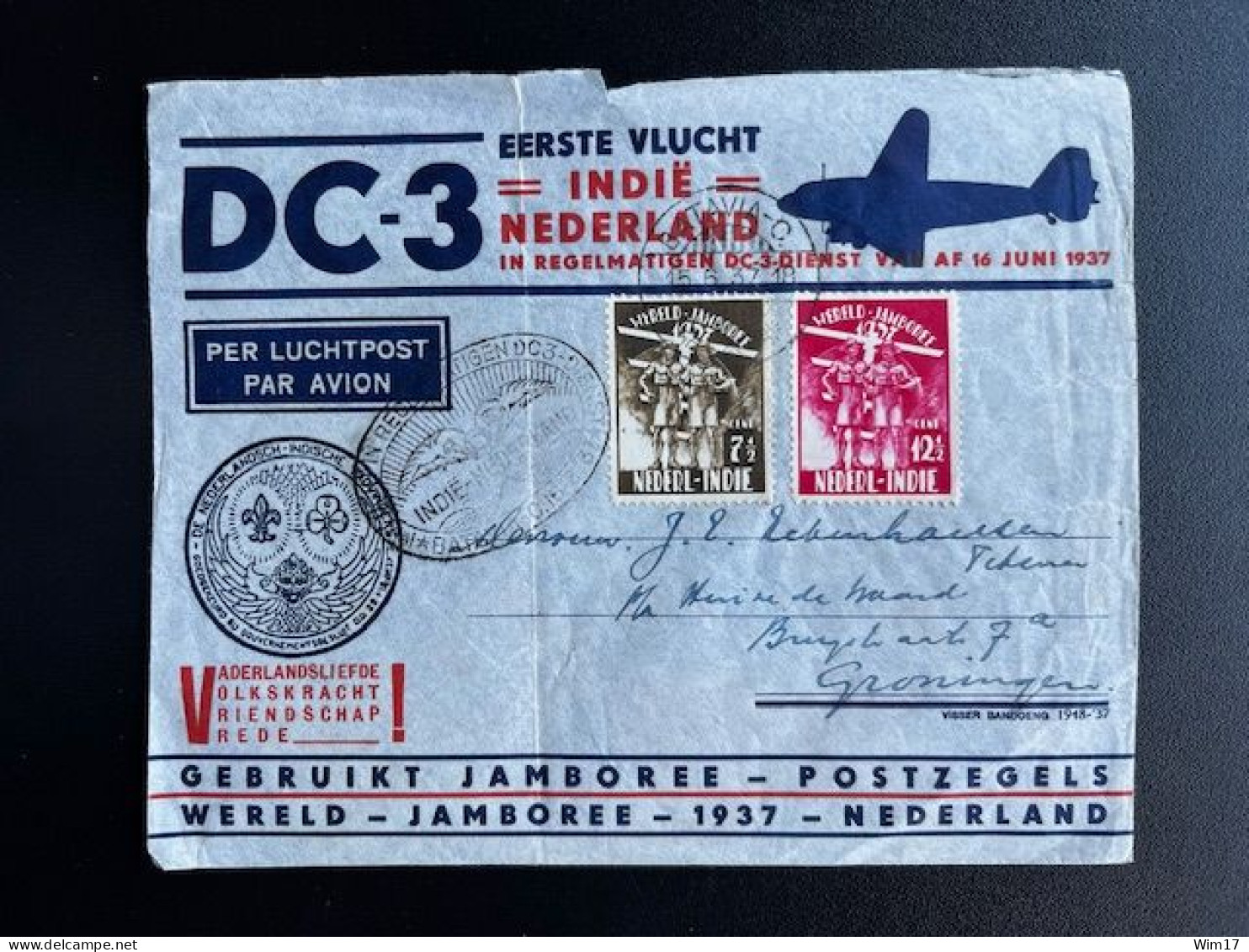 DUTCH EAST INDIES 1937 AIR MAIL LETTER BATAVIA TO GRONINGEN 15-06-1937 NEDERLANDS INDIE DOUGLAS DC-3 SCOUTING JAMBOREE - India Holandeses