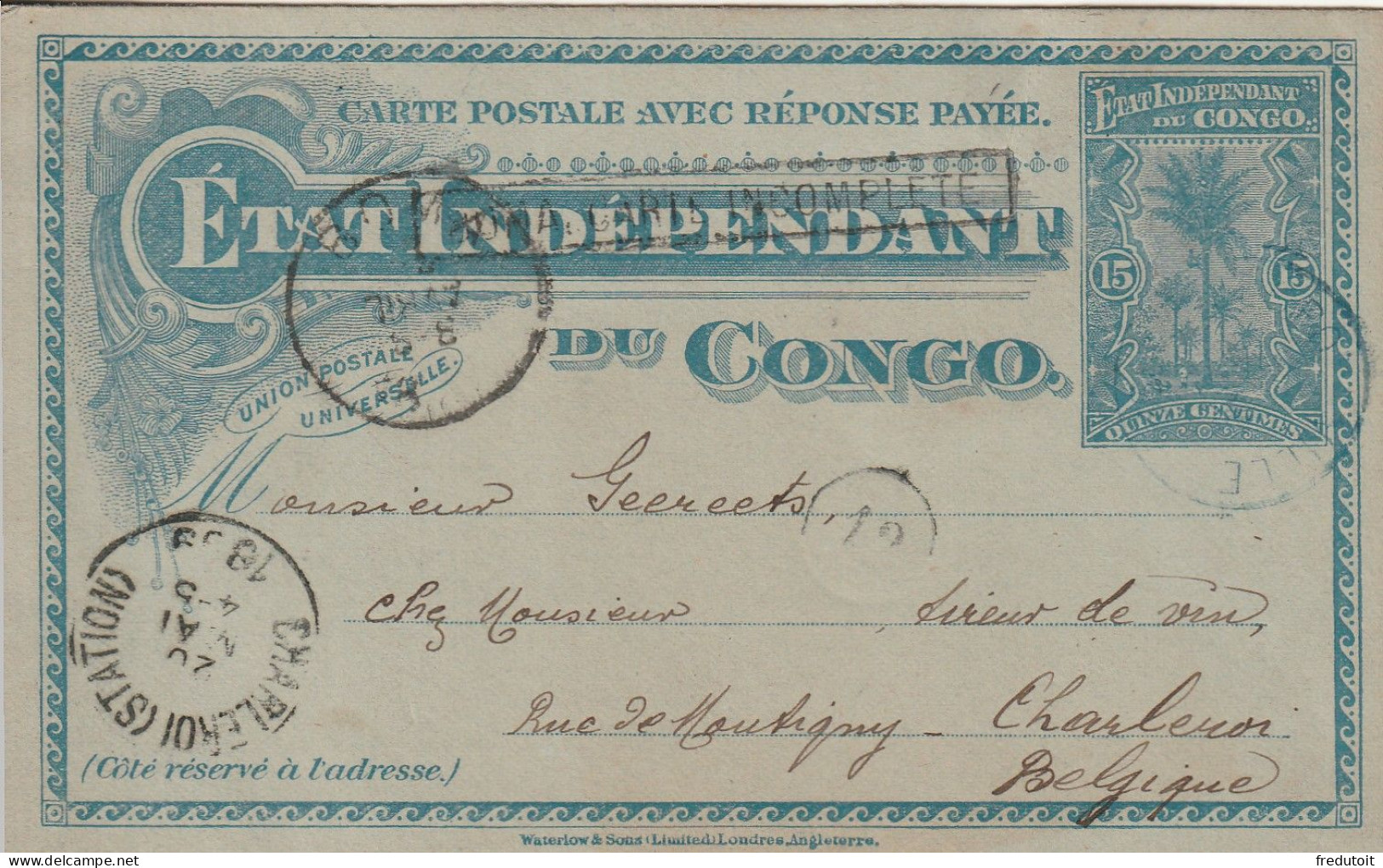 CONGO BELGE - Entiers Postaux - Le 14/04/1899 Pour Charleroi - Stamped Stationery