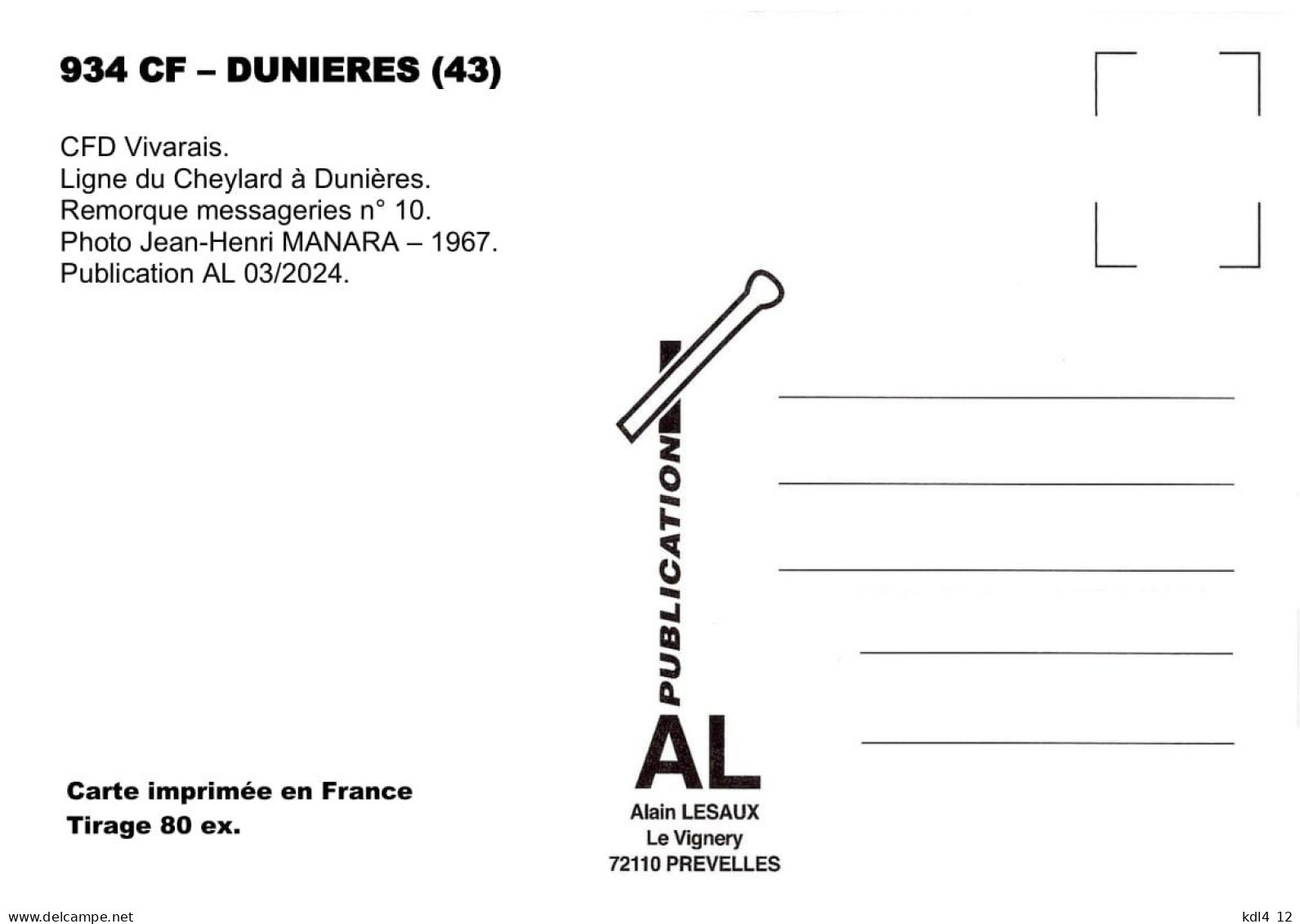 AL 934 - Remorque Messageires N° 10 - DUNIERES - Haute-Loire - CFD Vivarais - Other & Unclassified