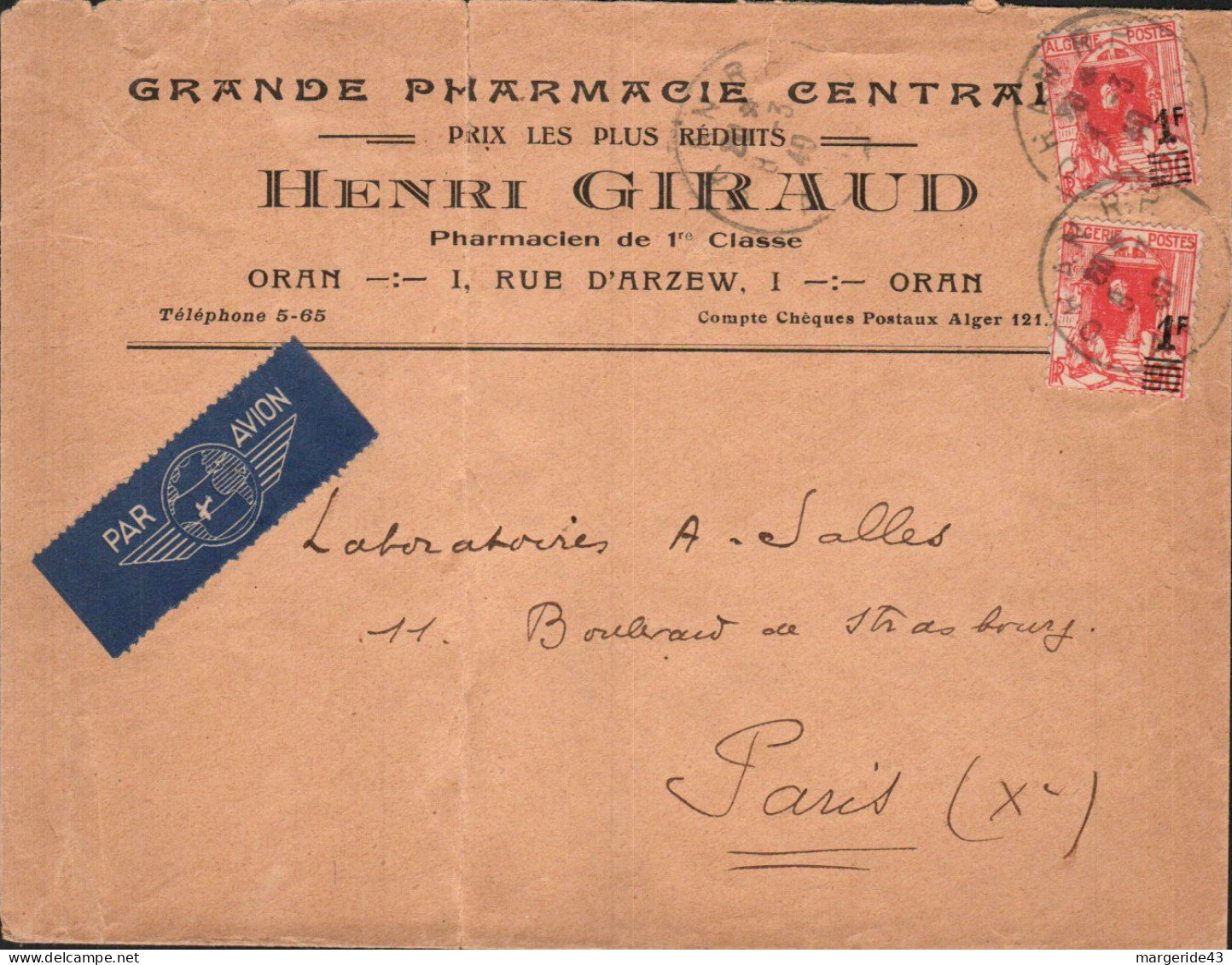 ALGERIE AFFRANCHISSEMENT COMPOSE SUR LETTRE A EN TETE DE ORAN POUR LA FRANCE 1940 - Lettres & Documents