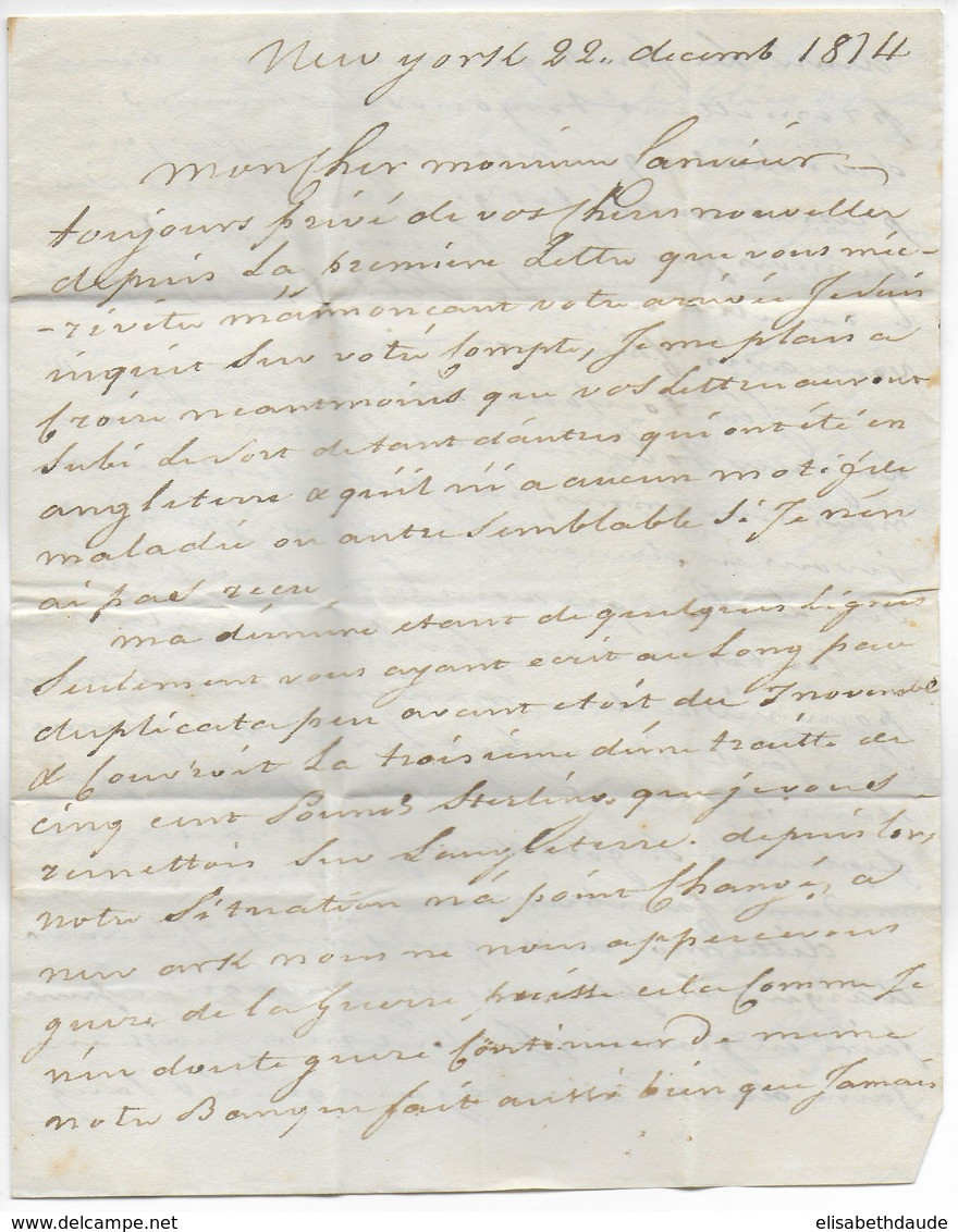 1814  - NAVIRE NEUTRE PENDANT LE BLOCUS !! LETTRE De NEW YORK (USA) => BORDEAUX- ENTREE COLONIES Par LE HAVRE=> BORDEAUX - Maritime Post