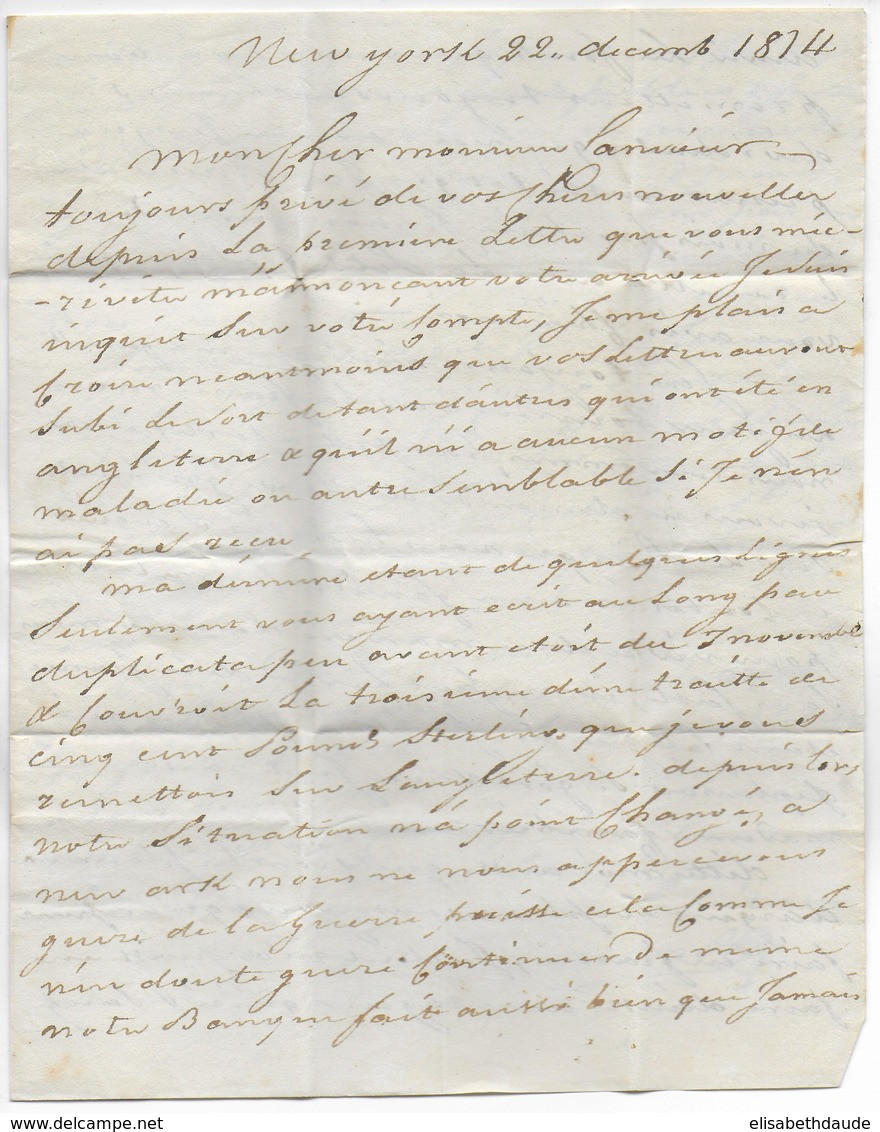 1814  - NAVIRE NEUTRE PENDANT LE BLOCUS !! LETTRE De NEW YORK (USA) => BORDEAUX- ENTREE COLONIES Par LE HAVRE=> BORDEAUX - Poste Maritime