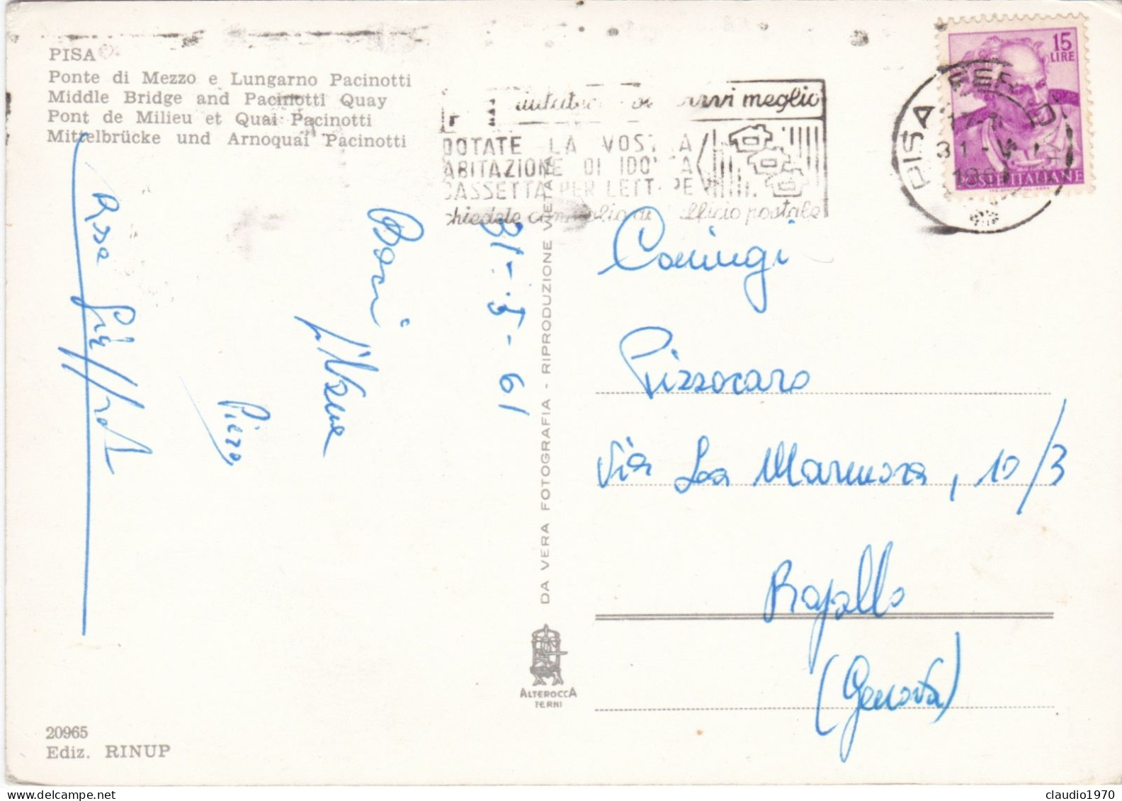 PISA  - CARTOLINA - PONTE DI MEZZO E LUNGARNO PACINOTTI - VIAGGIATA PER RAPALLO (GE) - 1961 - Pisa