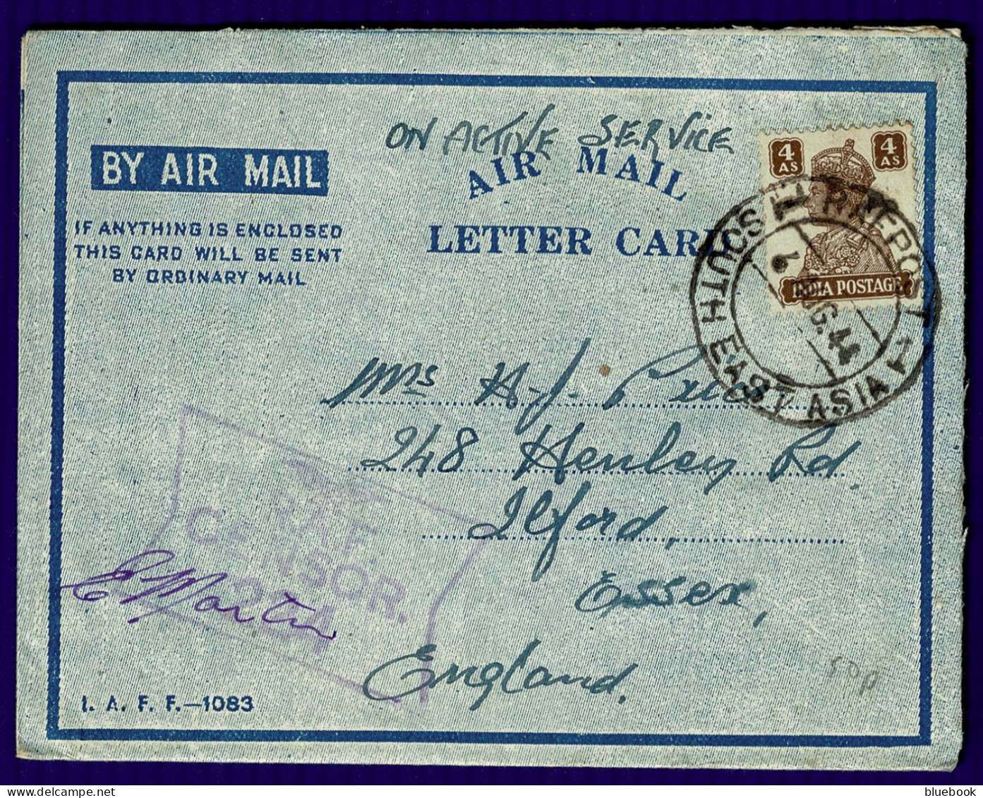 Ref 1646 - WWII RAF Censored India Airletter - R.A.F. Post South East Asia Postmark - Poste Aérienne