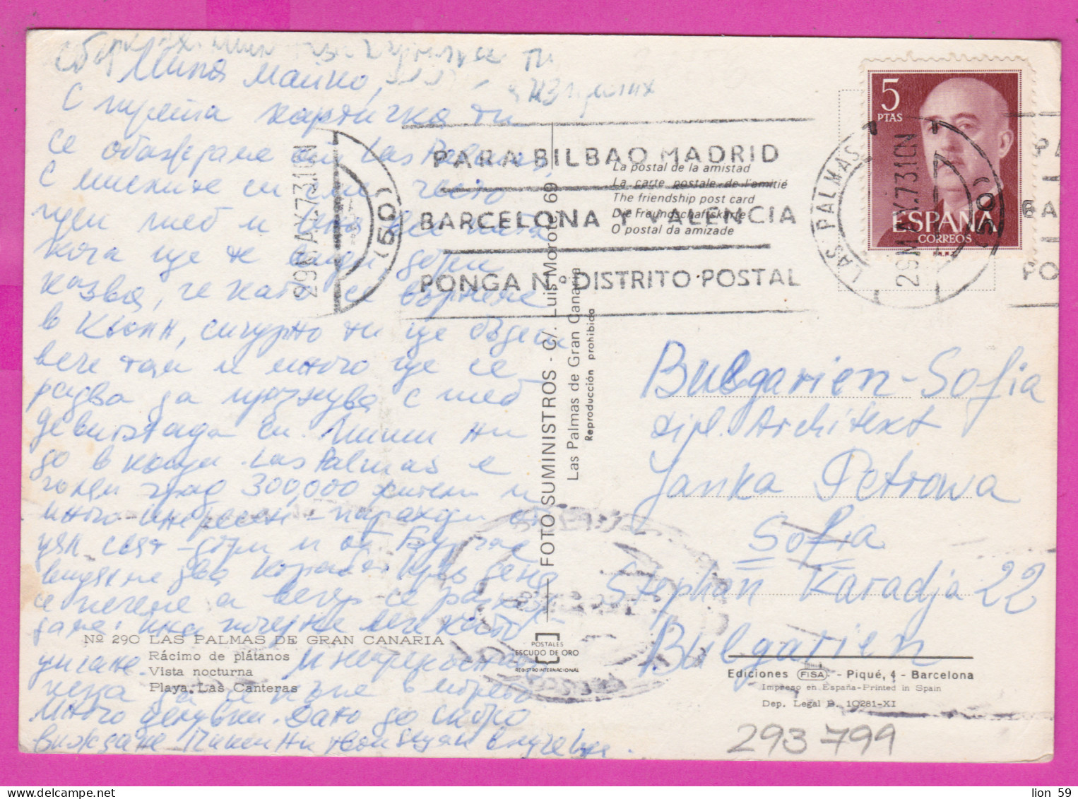 293799 / Spain - Telegrama Las Palmas De Gran Canaria PC 1973 Used  5 Ptas General Franco Flamme PARA BILBAO MADRID - Cartas & Documentos