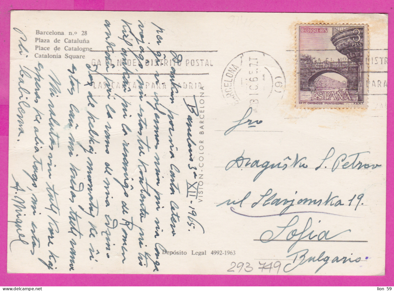 293749 / Spain - Barcelona Nr. 28 PC 1965 Used 3 Ptas - Cambados Bridge, Pontevedra Flamme "... Postal Las Carta Madrid  - Cartas & Documentos