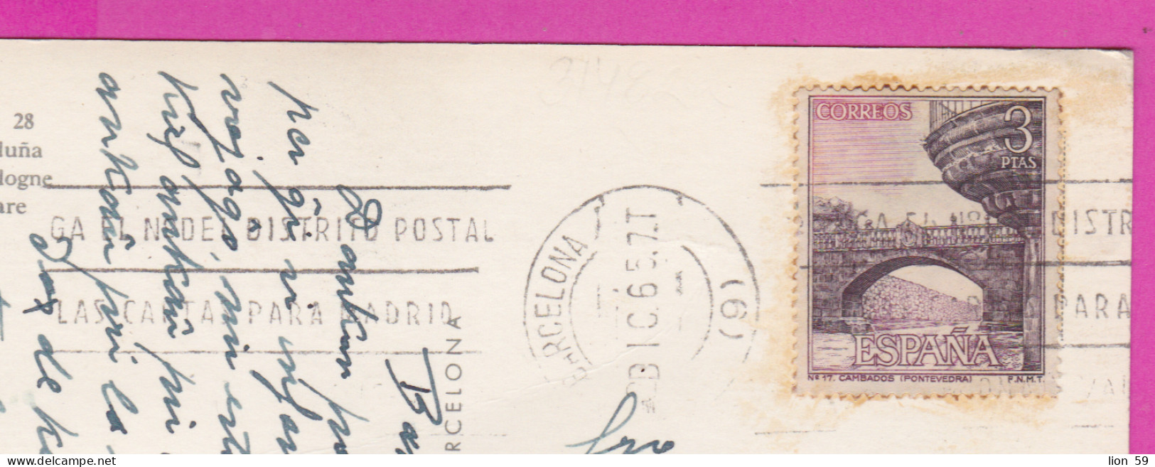 293749 / Spain - Barcelona Nr. 28 PC 1965 Used 3 Ptas - Cambados Bridge, Pontevedra Flamme "... Postal Las Carta Madrid  - Briefe U. Dokumente