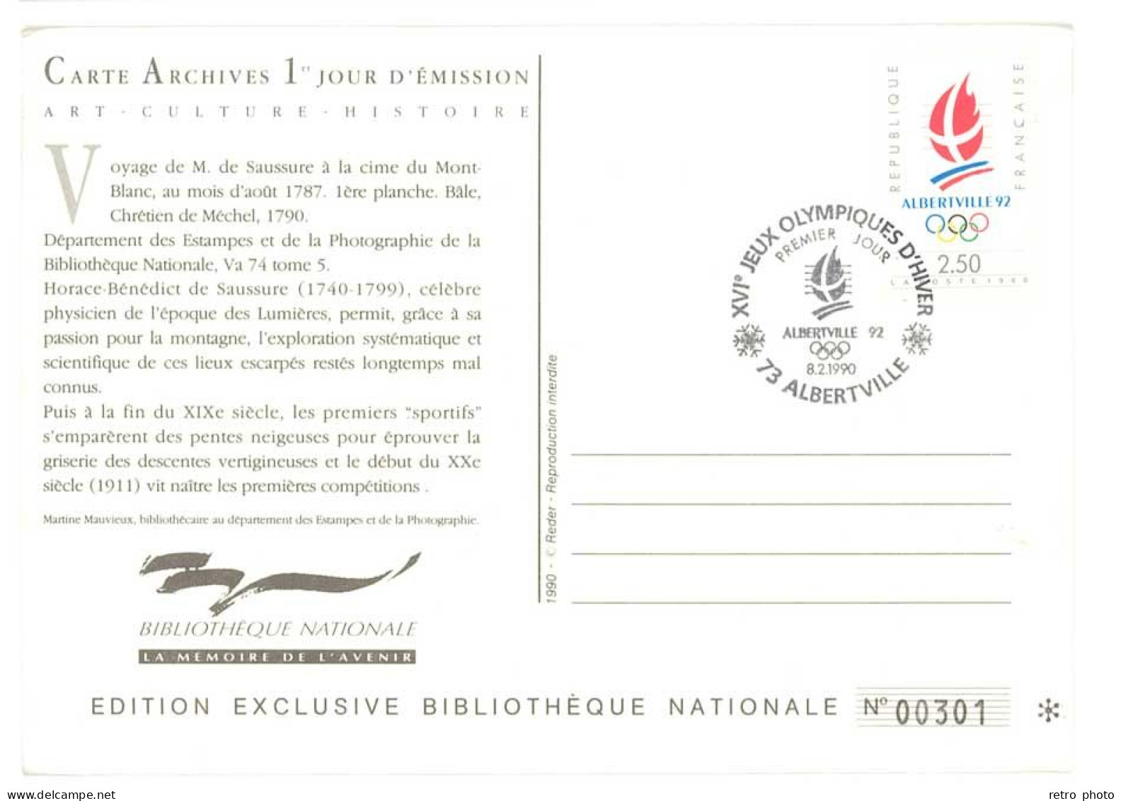 Cpm Carte Archives 1er Jour D'Emission - Voyage De Mme De Saussure à La Cime Du Mont Blanc  ( Tirage Limité)  (PHIL) - Altri & Non Classificati