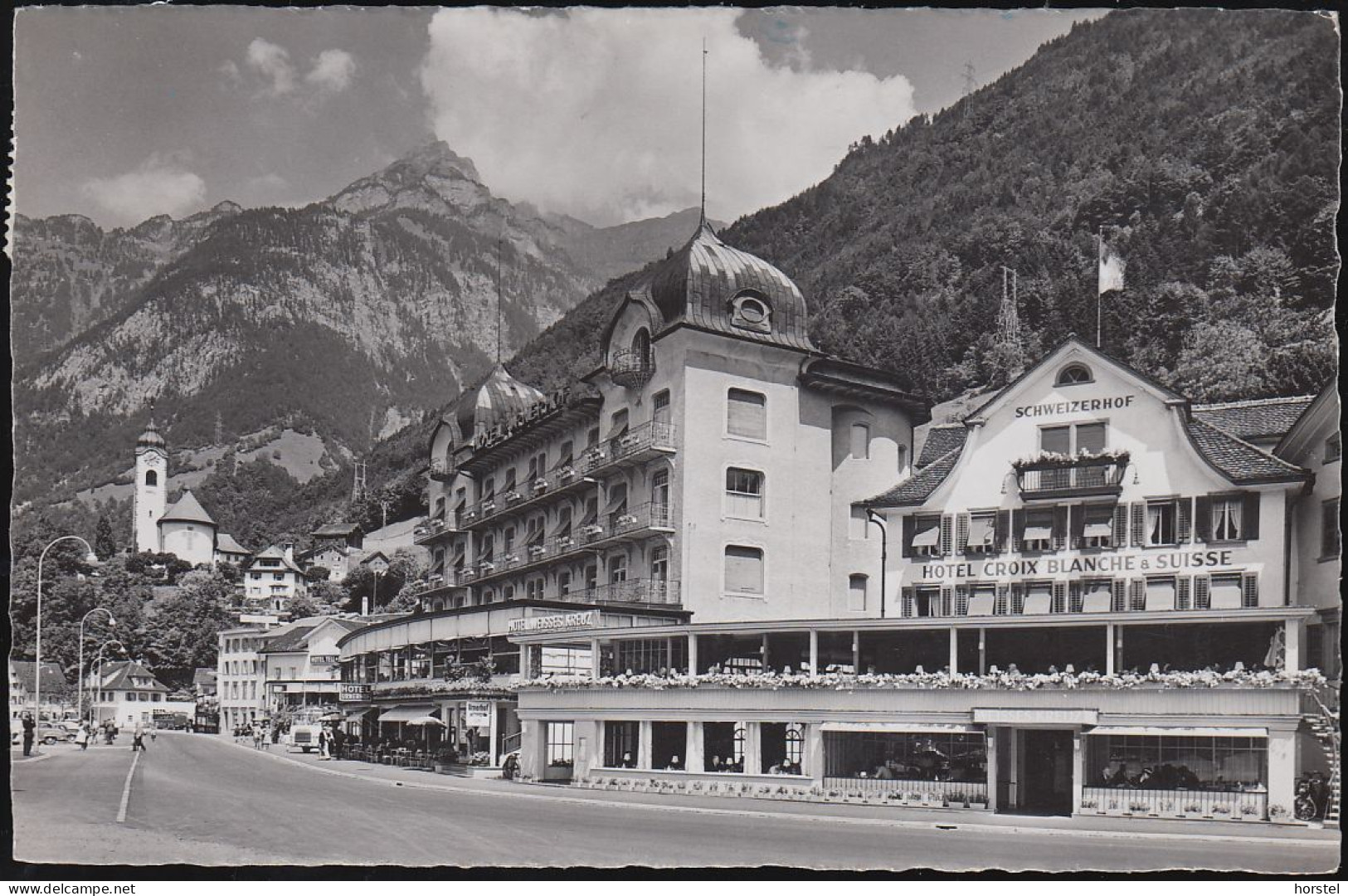 Schweiz - 6454 Flüelen - Hotel Schweitzerhof Mit Straßenansicht Um 1960 - Cars - Bus - Flüelen