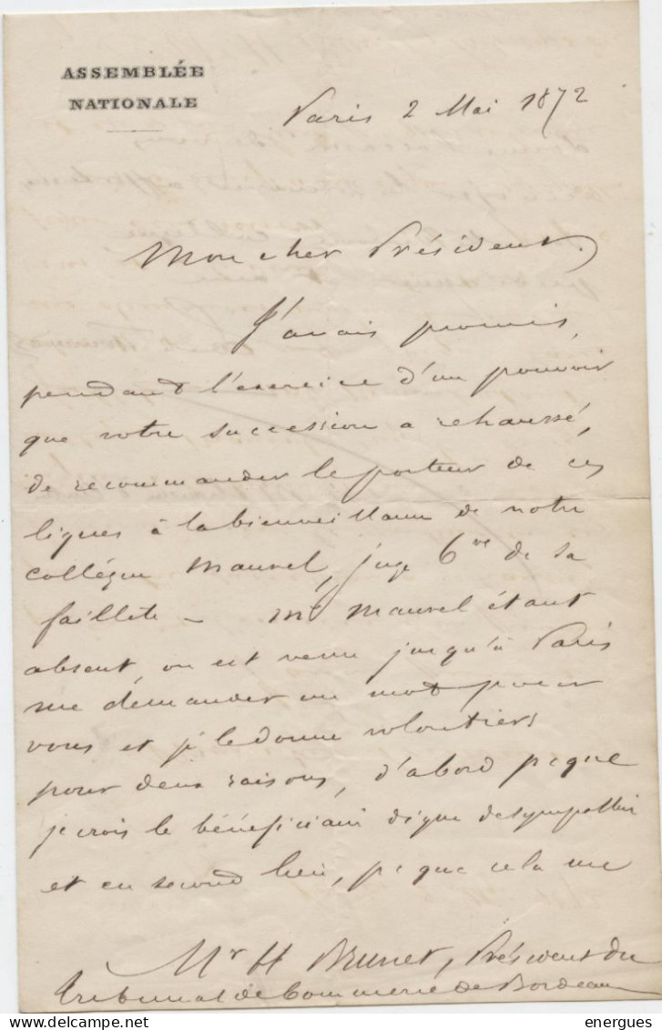 Bordeaux,1872, Autographe Du Député De La Commune De Paris, Emile Fourcand à Brunet, Tribunal Commerce.Franc-maçon - Documents Historiques