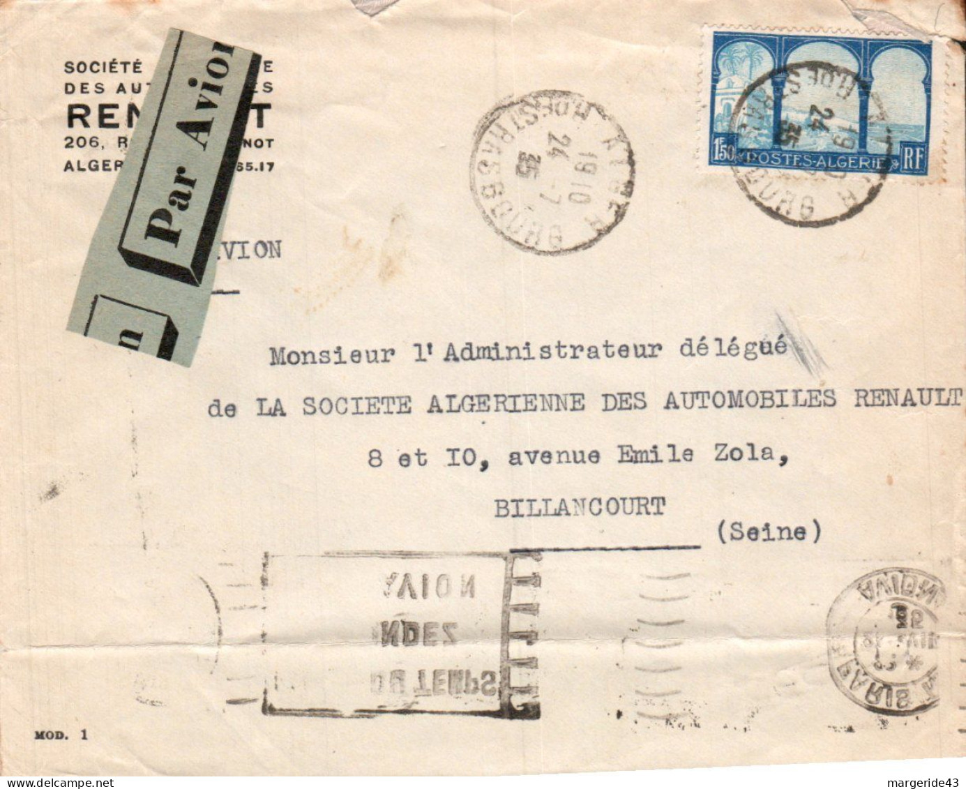 ALGERIE SEUL SUR LETTRE A EN TETE DE ALGER POUR LA FRANCE 1935 - Cartas & Documentos