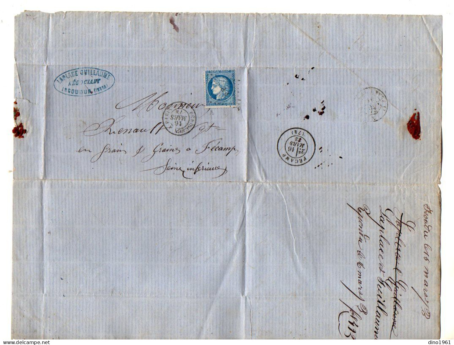 TB 4794 - 1873 - LAC - Lettre De M. LAPLACE GUILLAUME, Négociant à ISSOUDUN / MP PARIS A PERIGUEUX Pour FECAMP - 1849-1876: Classic Period