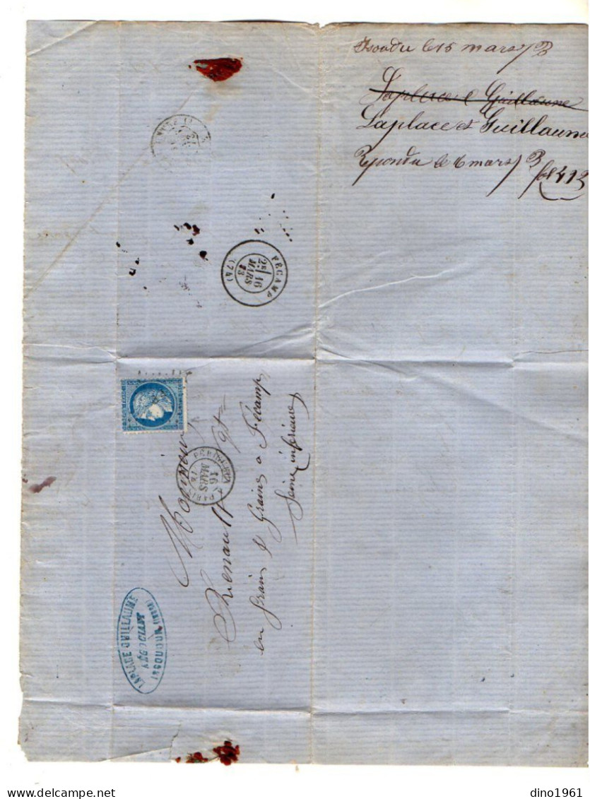 TB 4794 - 1873 - LAC - Lettre De M. LAPLACE GUILLAUME, Négociant à ISSOUDUN / MP PARIS A PERIGUEUX Pour FECAMP - 1849-1876: Période Classique