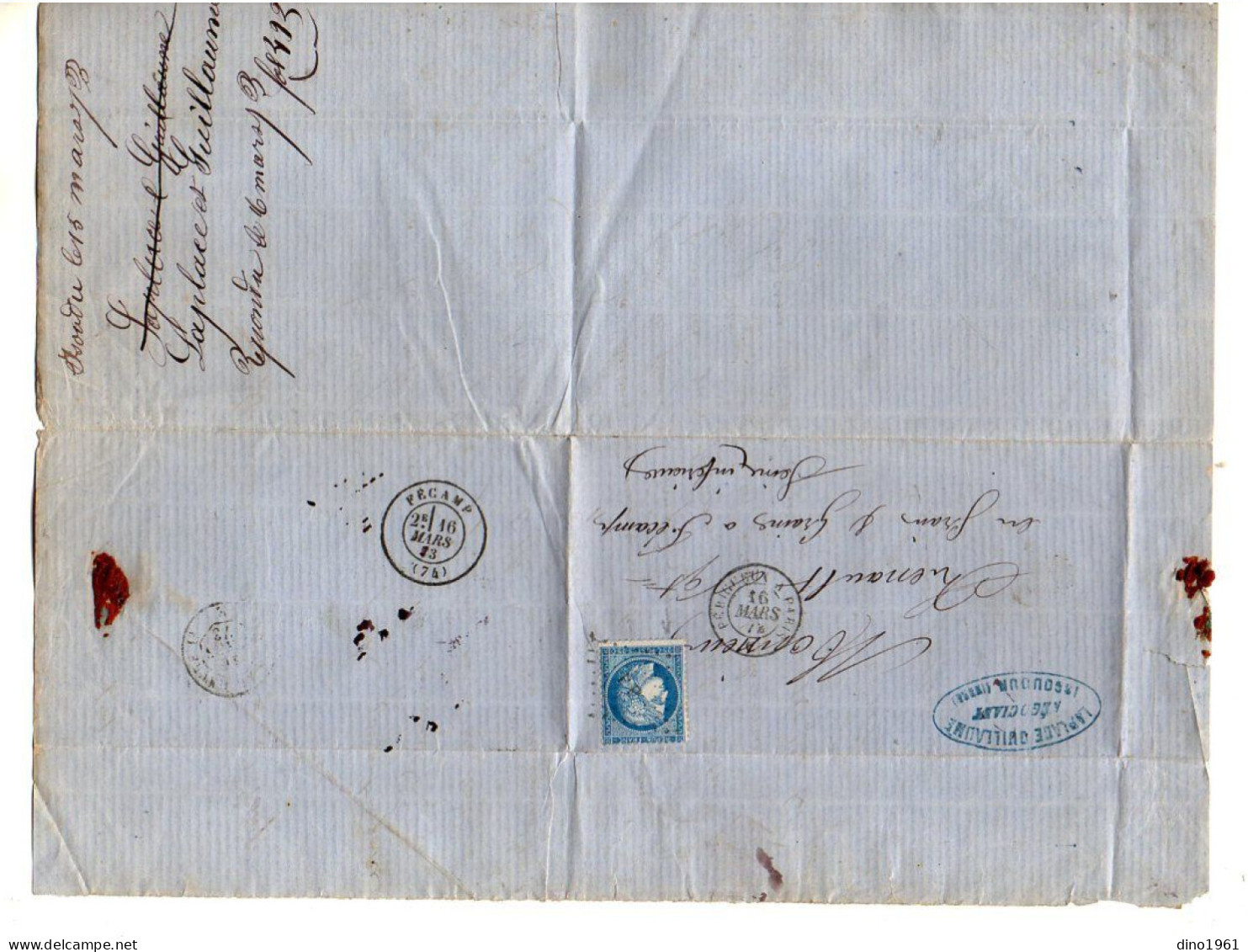 TB 4794 - 1873 - LAC - Lettre De M. LAPLACE GUILLAUME, Négociant à ISSOUDUN / MP PARIS A PERIGUEUX Pour FECAMP - 1849-1876: Période Classique