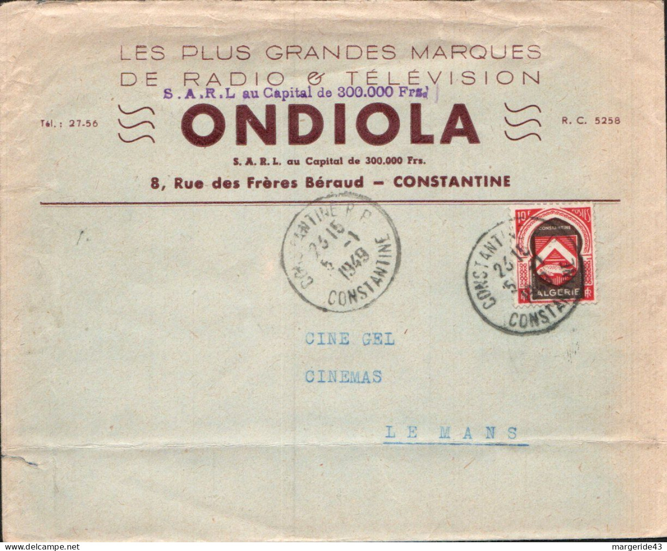 ALGERIE SEUL SUR LETTRE A EN TETE DE CONSTANTINE POUR LA FRANCE 1949 - Covers & Documents