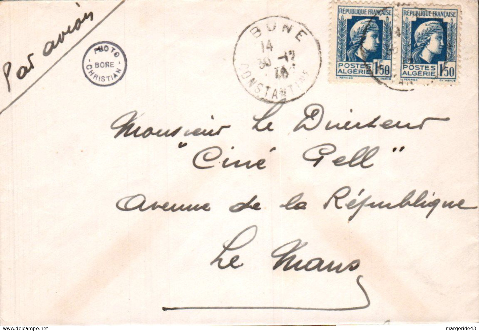 ALGERIE AFFRANCHISSEMENT COMPOSE SUR LETTRE DE BONE POUR LA FRANCE 1940 - Lettres & Documents