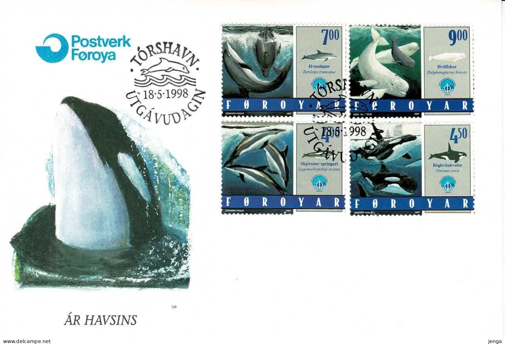 Faroe Islands 1998.  Whales - The Year Of The Sea.  Set Of 4 On FDC. - Faroe Islands