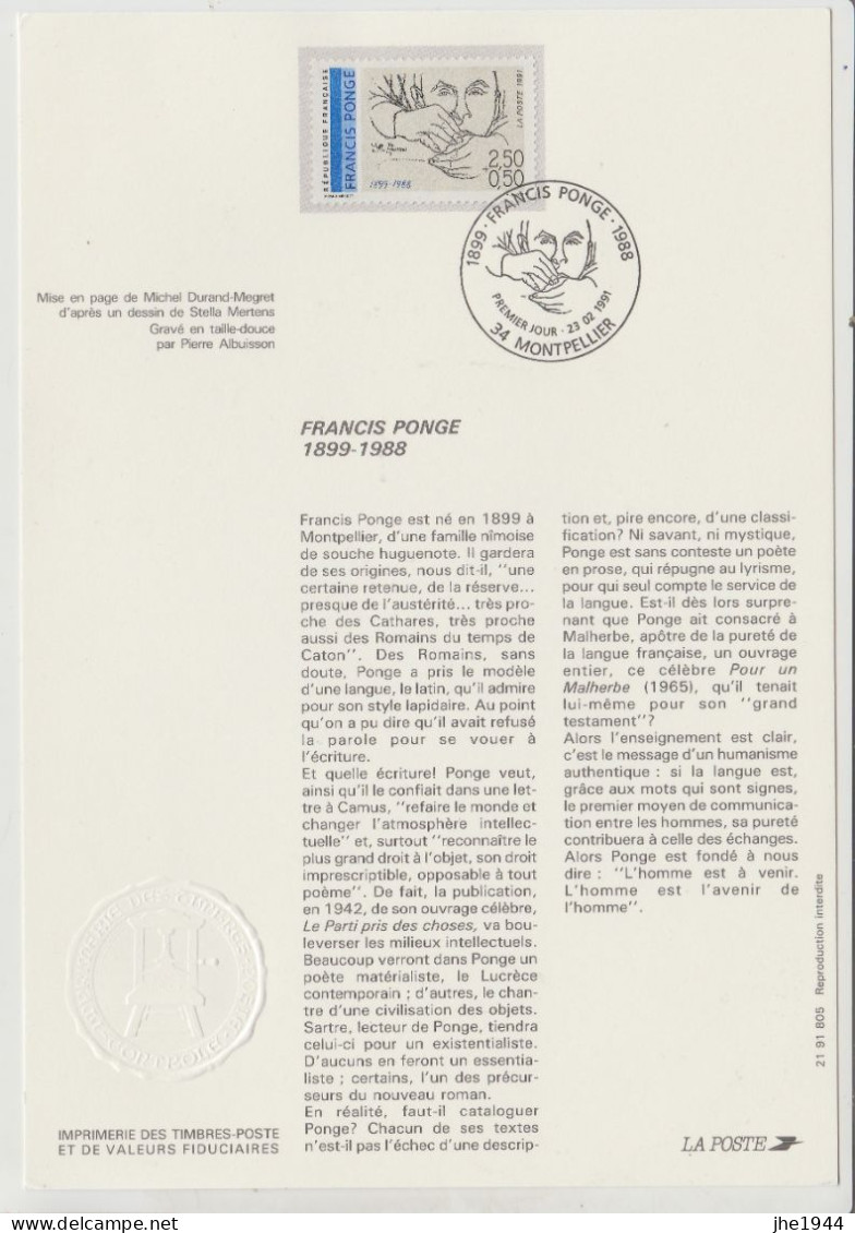 France Divers Timbre N° 2684 Francis Ponge Cachet 1 Er Jour 23 02 1991 - Documents Of Postal Services