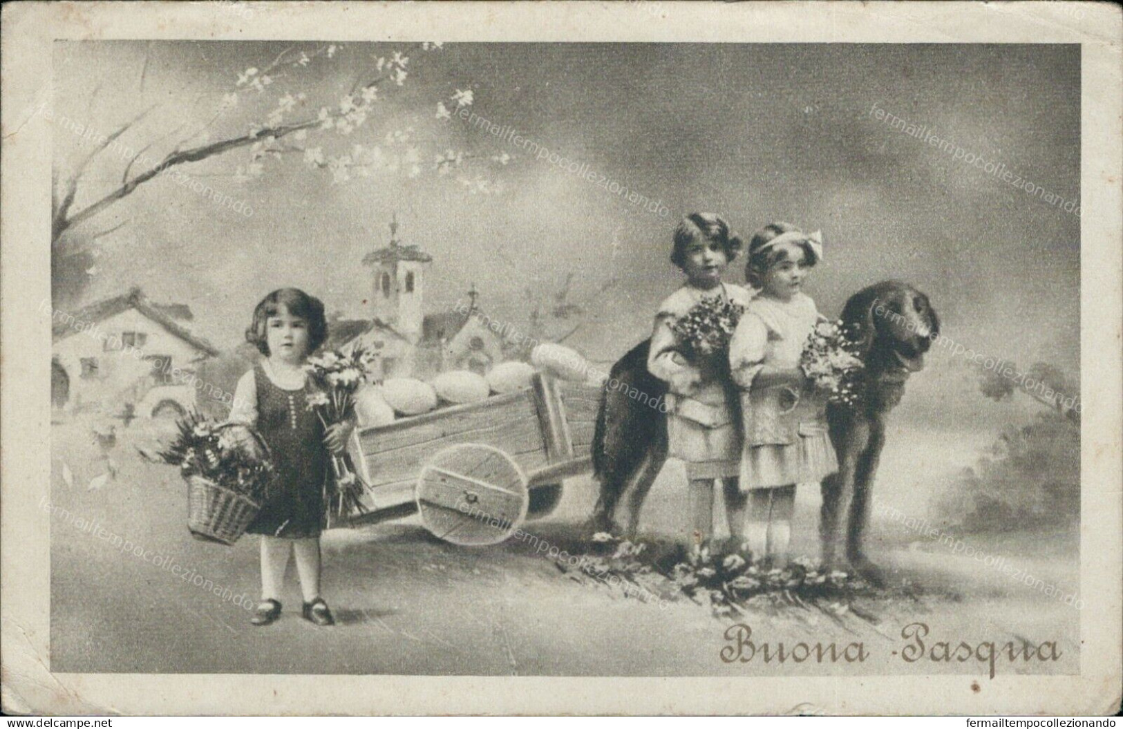 Z725 Cartolina Augurale  Buona Pasqua Bambini Con Cane Illustratore Artist - Sonstige & Ohne Zuordnung