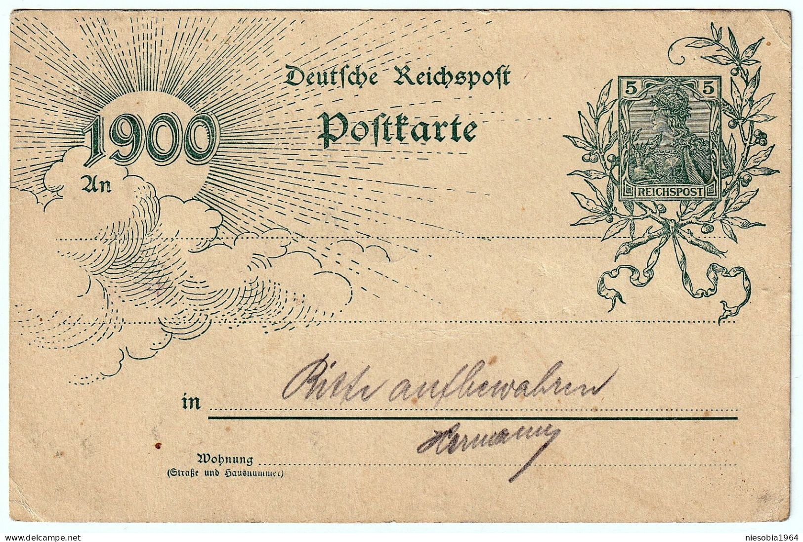 Imperial Germany 5 Pfennig Postcard "End Of XIX C.1900" Jahrhundertwende, Deutsche Reichspost Postkarte. Gedruckte Marke - Cartoline