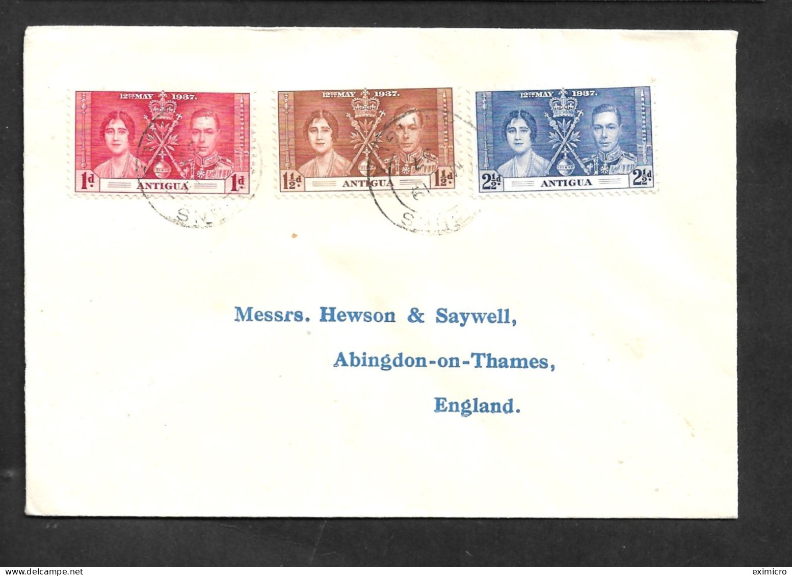 ANTIGUA 1937 CORONATION SET ON COVER WITH MAY 19 1937 PMKS ADDRESSED TO ABINGDON, ENGLAND - 1858-1960 Crown Colony