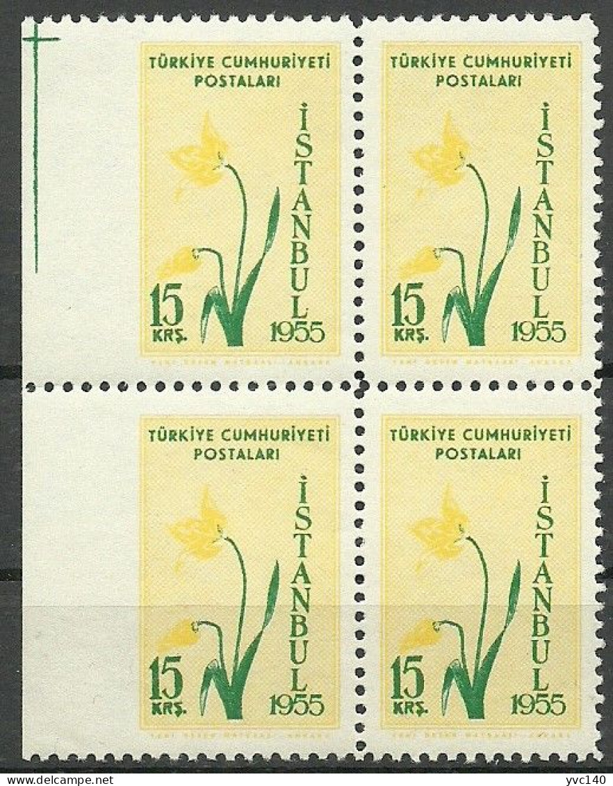 Turkey; 1955 Istanbul Spring And Flower Festivity 15 K. ERROR "Imperf. Edge" Block Of 4 - Unused Stamps