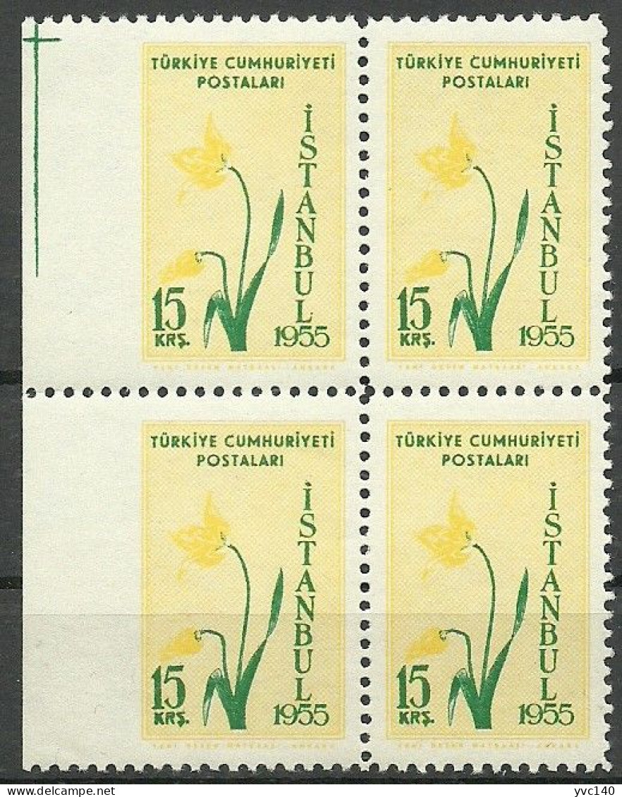 Turkey; 1955 Istanbul Spring And Flower Festivity 15 K. ERROR "Imperf. Edge" Block Of 4 - Ungebraucht