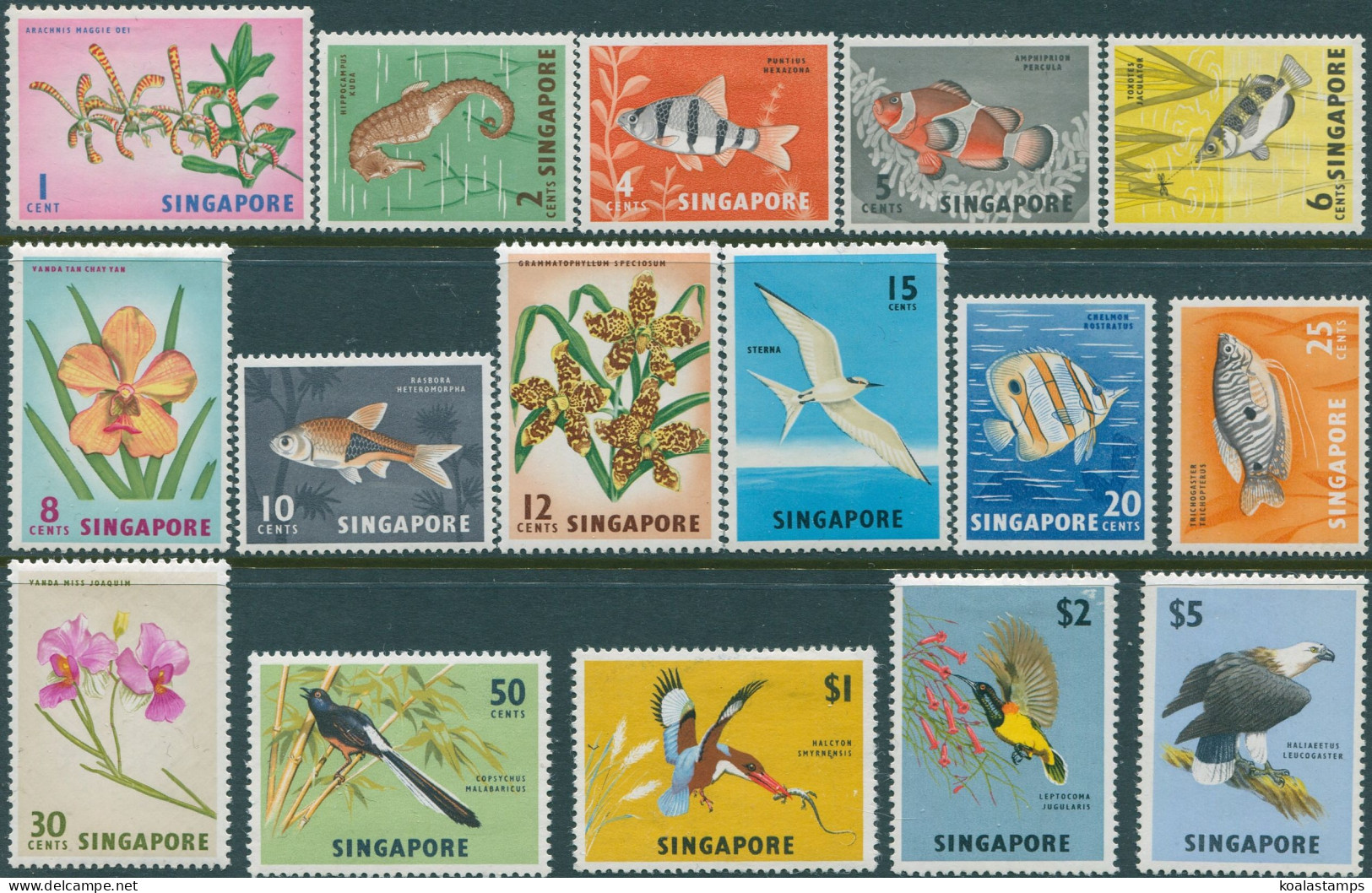 Singapore 1962 SG63-77 Orchids Fish Birds Set MLH - Singapore (1959-...)