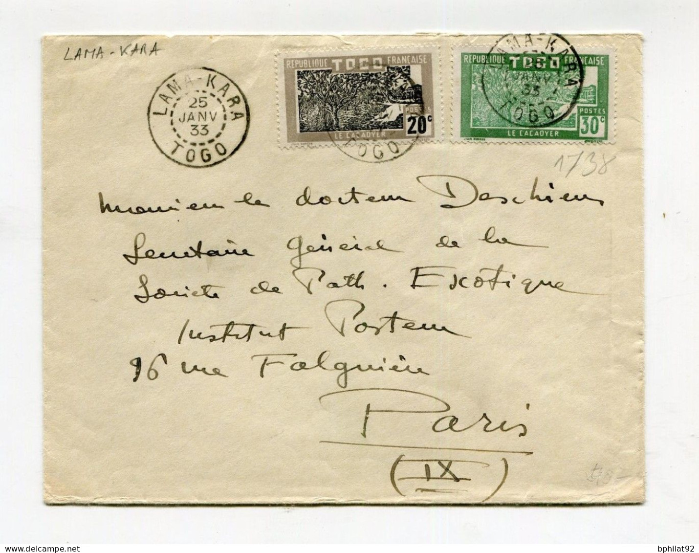 !!! TOGO, LETTRE DE LAMA-KARA DU 25/1/1933 POUR PARIS - Cartas & Documentos