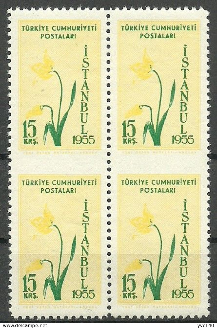 Turkey; 1955 Istanbul Spring And Flower Festivity 15 K. ERROR "Partially Imperf." Block Of 4 - Unused Stamps
