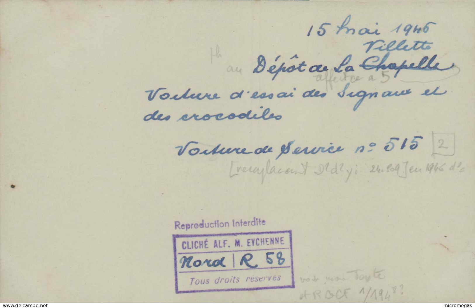 15 Mai 1946, Villette - Dépôt De La Chapelle - Voiture D'essai Des Signaux Et Des Crocodiles  - Cliché Alf. M. Eychenne - Trains