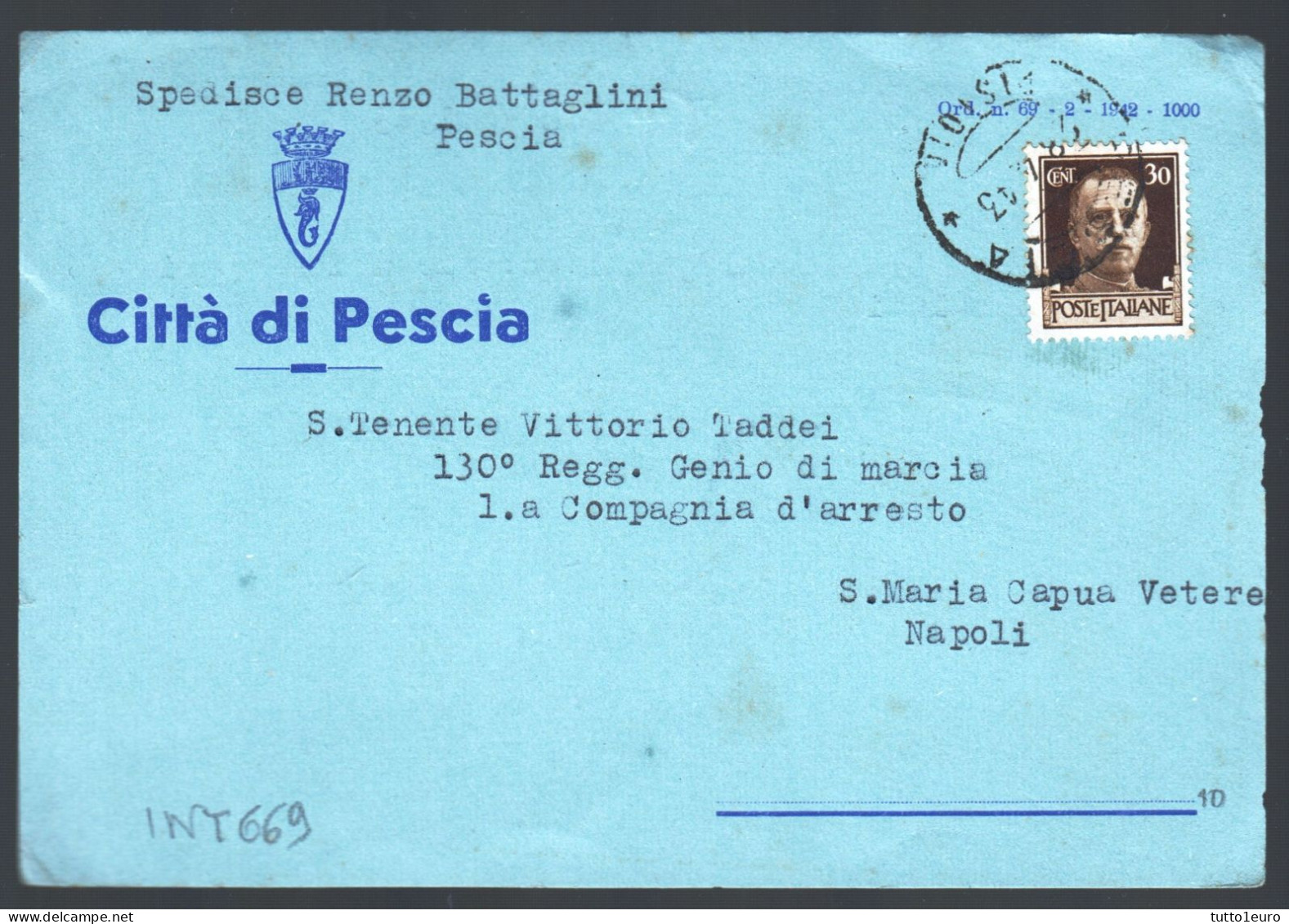 PESCIA - PISTOIA - 1943 - CARTOLINA CON STEMMA DELLA CITTA'  (INT669) - Pubblicitari