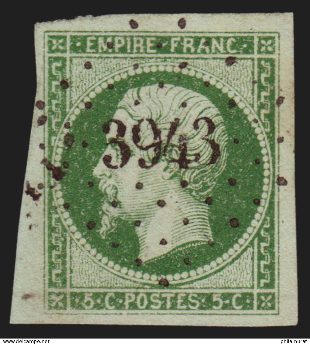N°12b, 5c Vert-foncé, Oblitéré PC 3943 PELISSANNE - SUPERBE - 1853-1860 Napoleon III