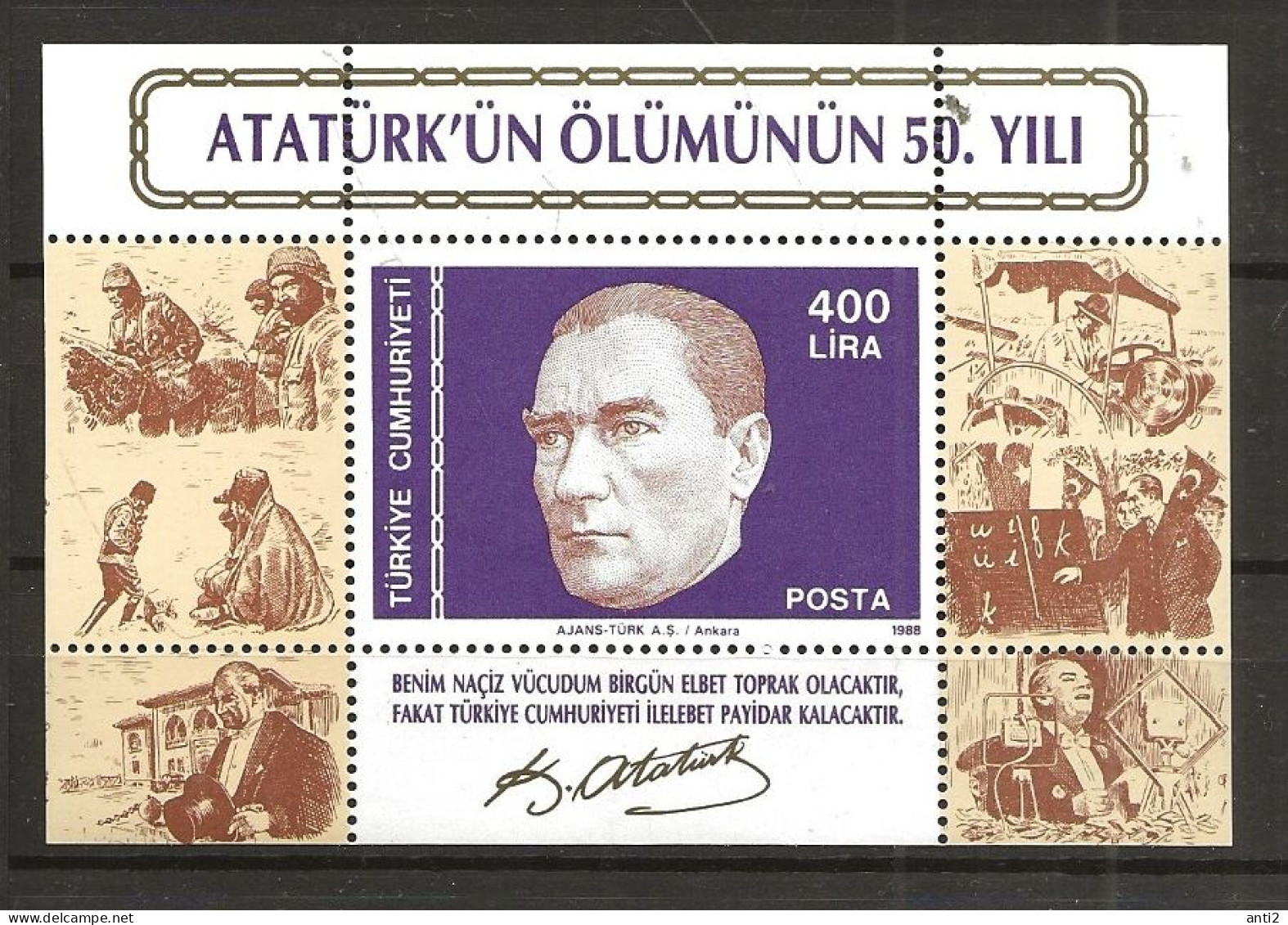 Turkey 1988 50th Anniversary Of Kemal Atatürk's Death, Mi Bloc 27  Unused - Ungebraucht