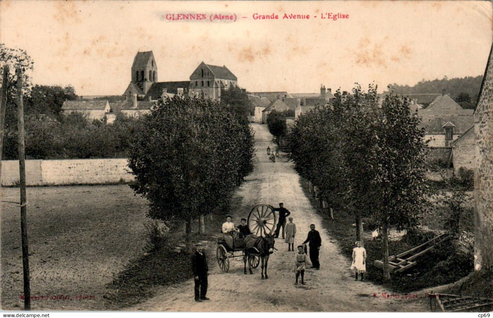 Glennes Canton De Braine Grande Avenue L'Eglise Attelage D'Âne Petit Village Aisne Cpa Voyagée En Franchise Militaire - Other & Unclassified